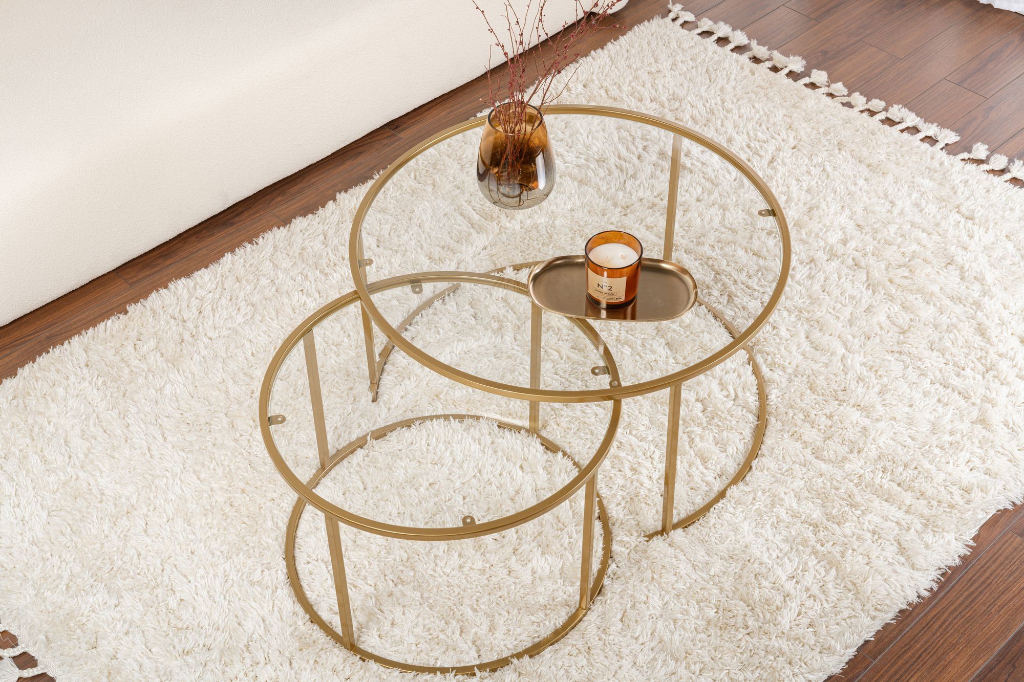Set masute de cafea, Hanah Home, sticla securizata, metal, auriu, transparent, 80x80x43 cm si 60x60x39 cm — imaginea 5