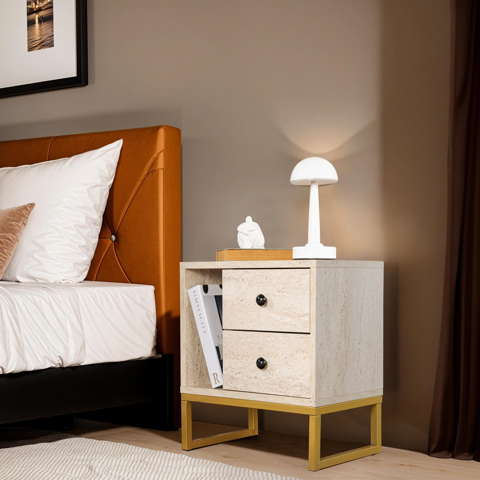 Noptiera, Hanah Home, panou de particule melaminat, travertin si auriu, 45.2x29.5x50 cm — imaginea 6