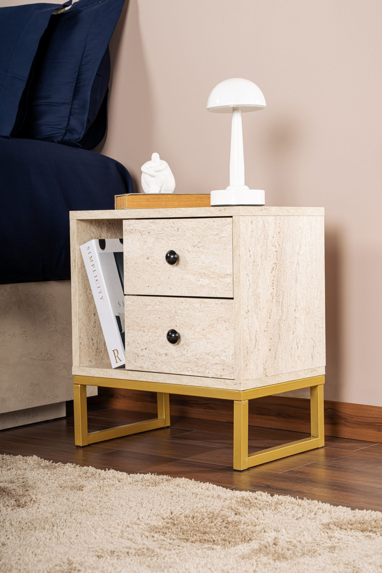 Noptiera, Hanah Home, panou de particule melaminat, travertin si auriu, 45.2x29.5x50 cm — imaginea 7
