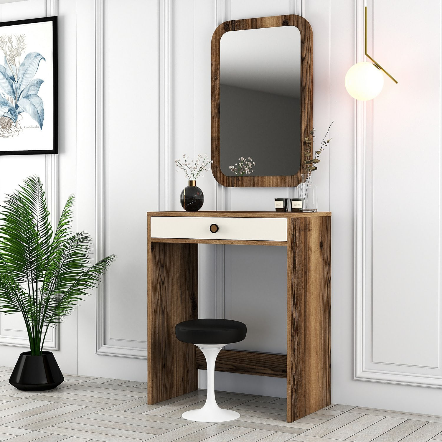 Masa de machiaj, Hanah Home, panou aglomerat melaminat, nuc si crem, 70x40x84.7 cm — imaginea 4