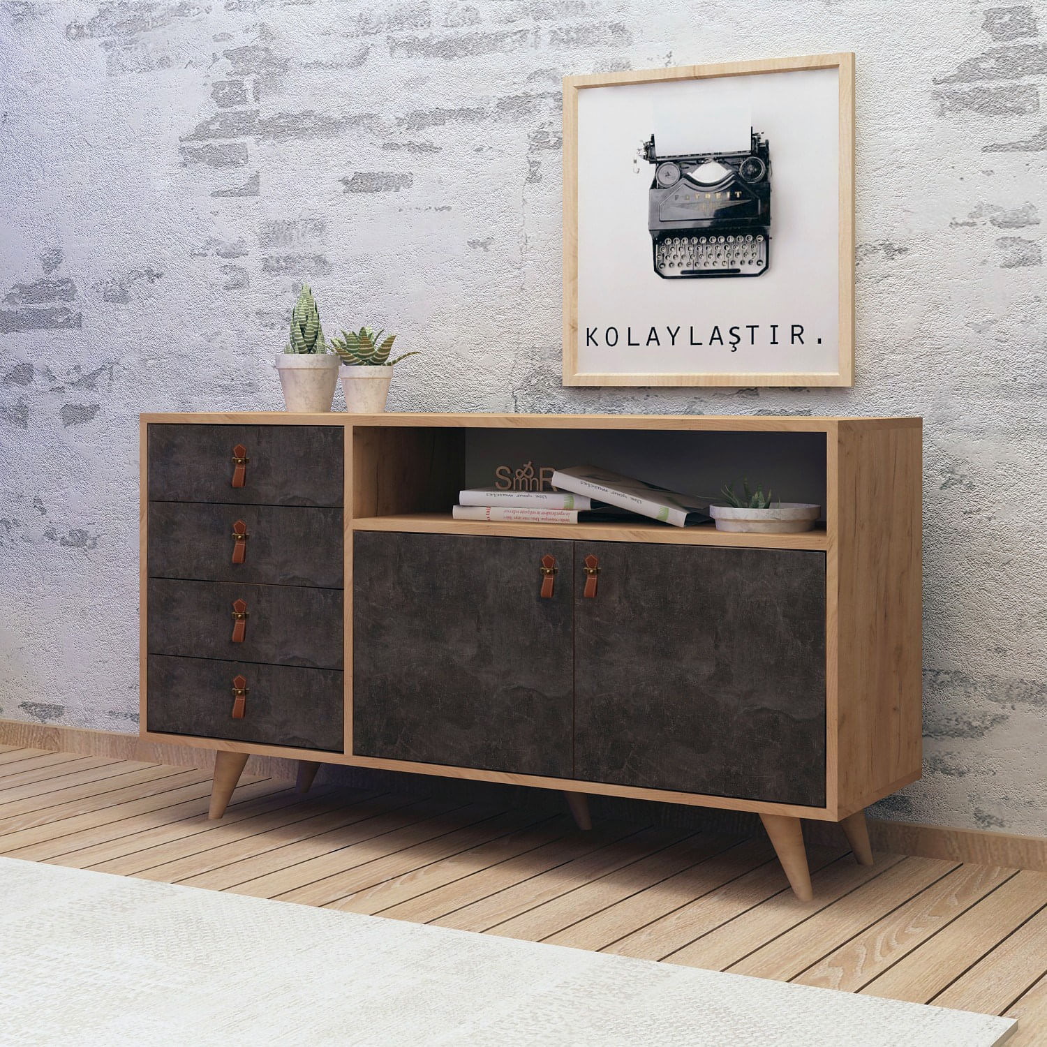 Consola, Hanah Home, pal melaminat, stejar si gri inchis, 140x40x86 cm, 811MDD3412 — imaginea 3
