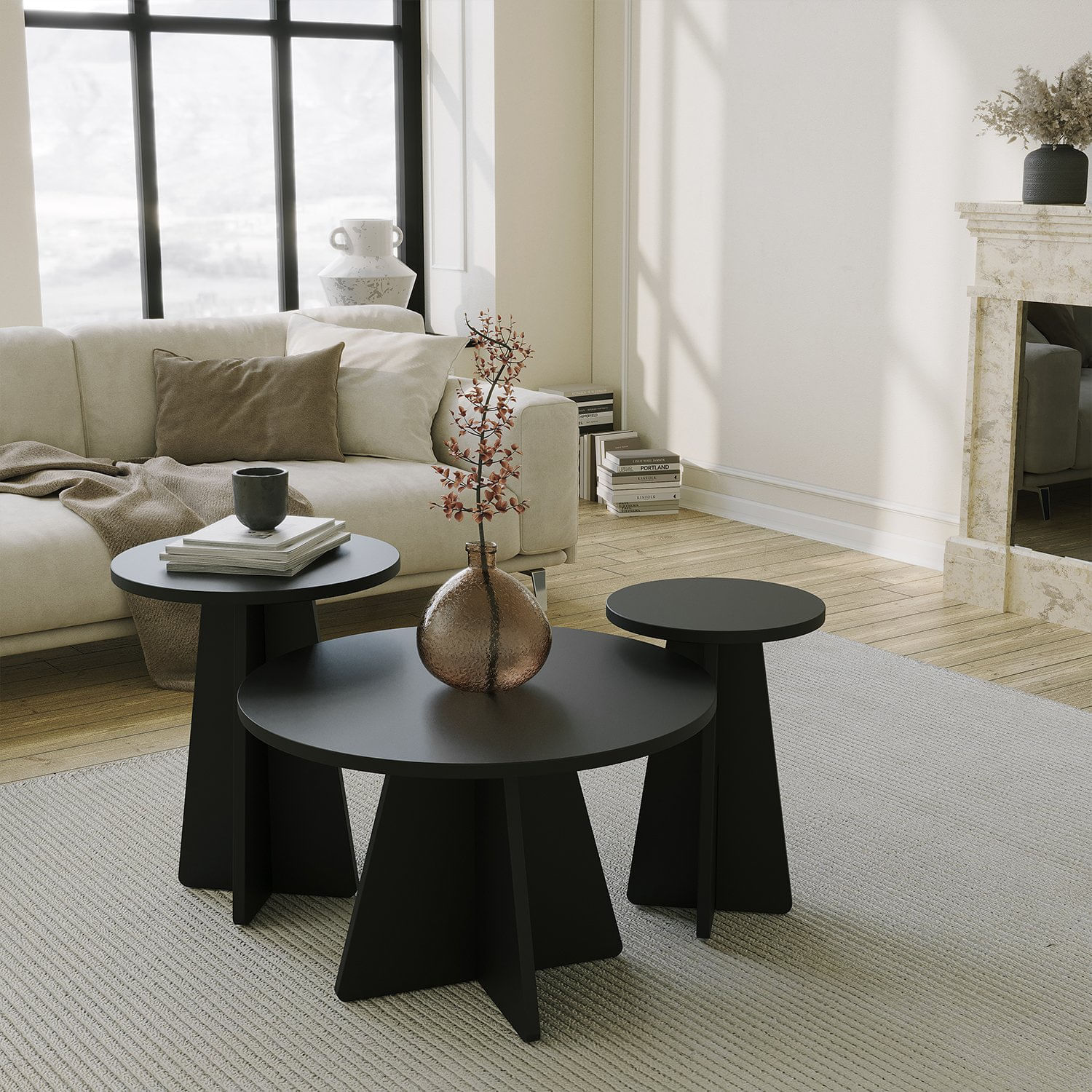 Set masute de cafea, Hanah Home, pal melaminat, negru, 60x40x60 cm, 40x50x40 cm, 30x45x30 cm — imaginea 3