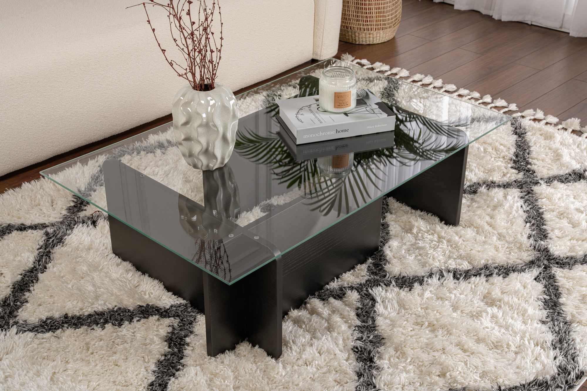 Masuta de cafea, Hanah Home, sticla calita si pal melaminat, lemn negru, 105x65x30 cm — imaginea 2