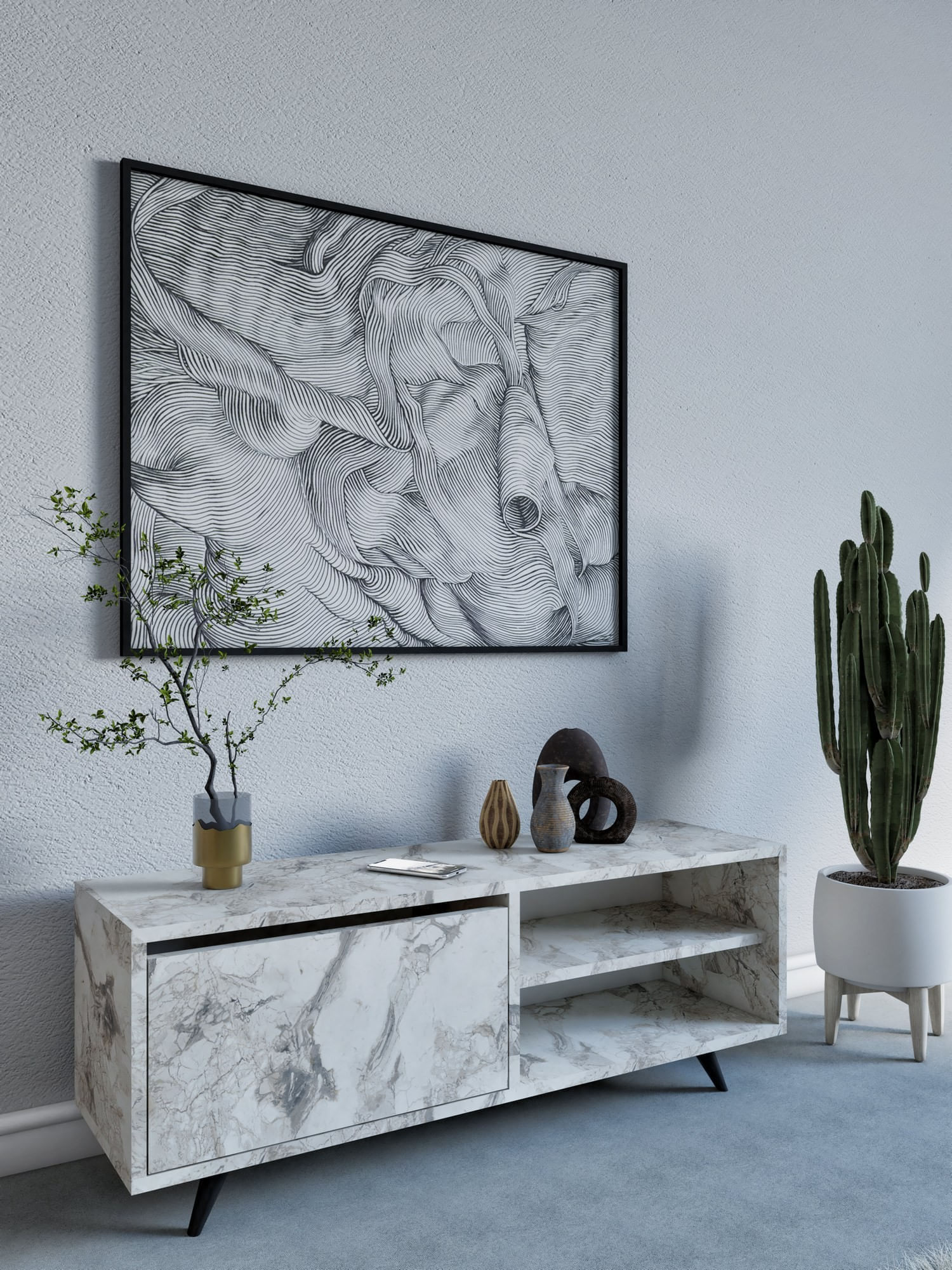 Comoda tv, Hanah Home, panou din particule melaminat, ephesus marble, 120x35x47 cm — imaginea 3
