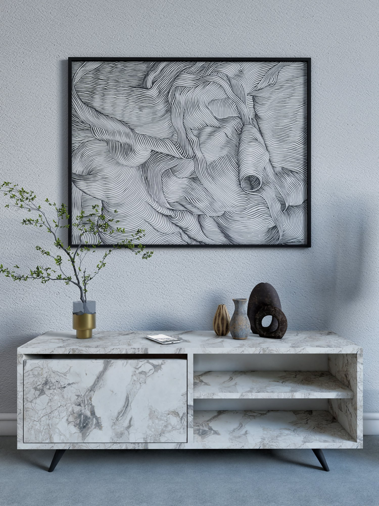 Comoda tv, Hanah Home, panou din particule melaminat, ephesus marble, 120x35x47 cm — imaginea 4