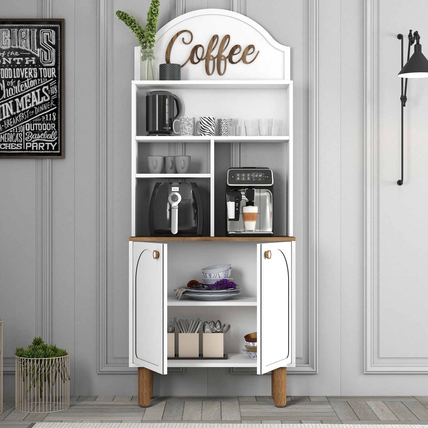 Dulap bar cafea, Hanah Home, pal melaminat, alb, 81.3x35x203 cm - imagine 2