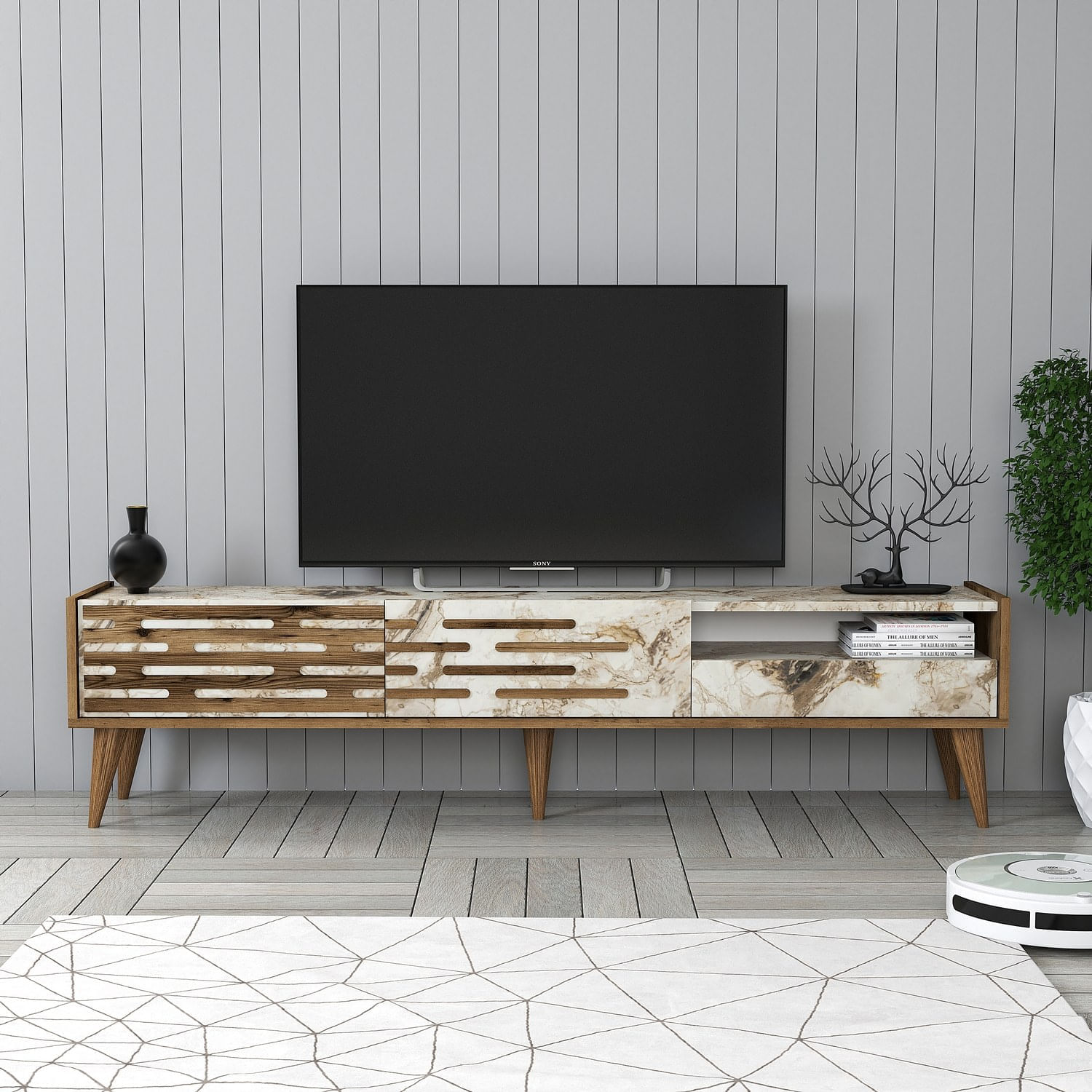 Comoda tv, Hanah Home, pal melaminat, nuc, alb, marmura, 180x45x35 cm — imaginea 2