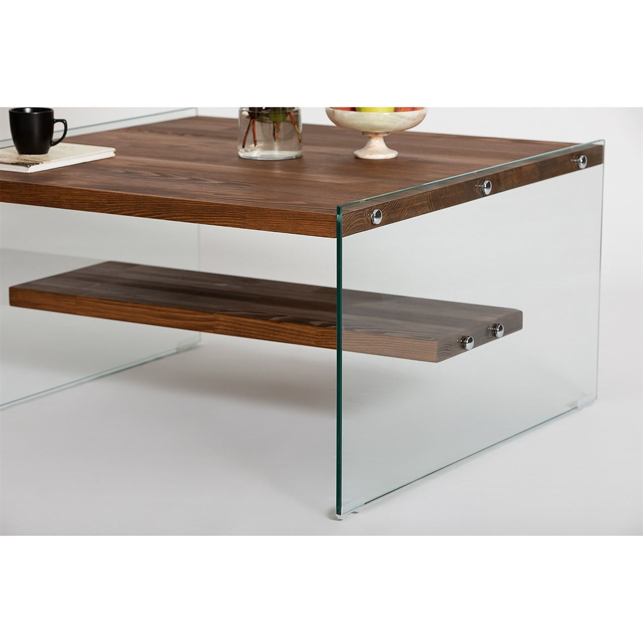 Masuta de cafea, Hanah Home, sticla securizata si lemn masiv, natur, 75x75x40 cm — imaginea 2