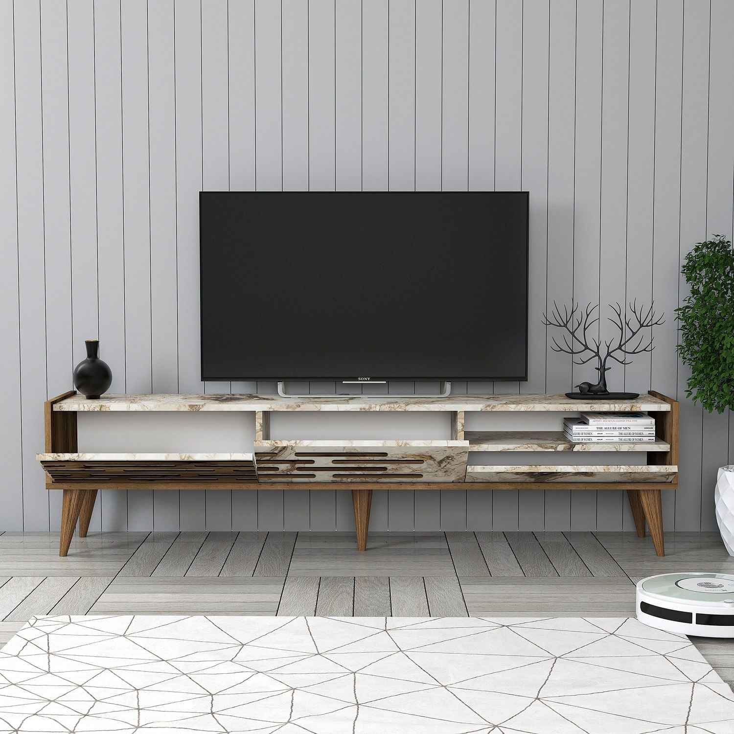 Comoda tv, Hanah Home, pal melaminat, nuc, alb, marmura, 180x45x35 cm — imaginea 3