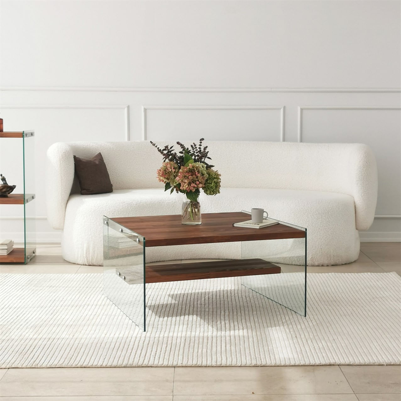 Masuta de cafea, Hanah Home, sticla securizata si lemn masiv, natur, 75x75x40 cm — imaginea 3