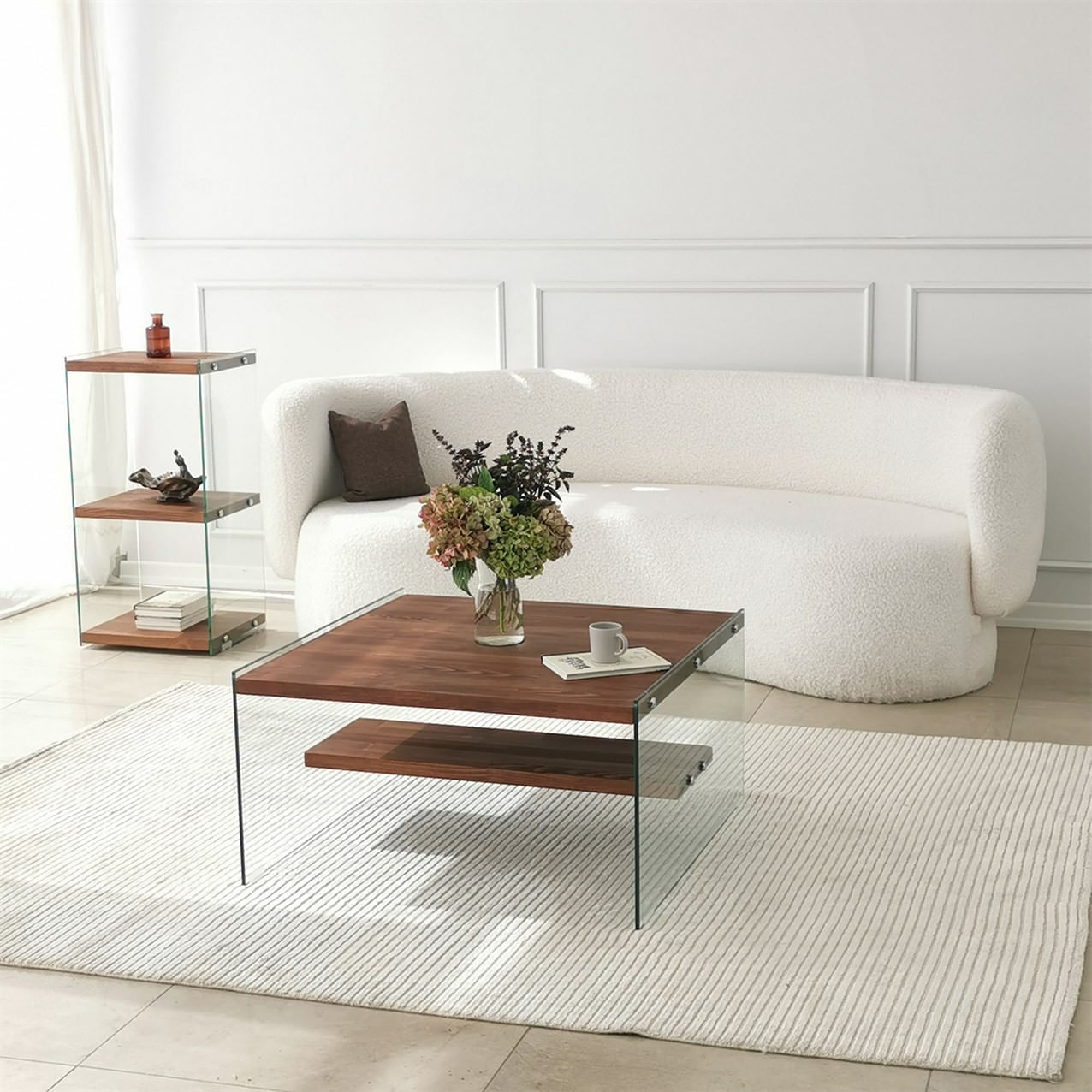 Masuta de cafea, Hanah Home, sticla securizata si lemn masiv, natur, 75x75x40 cm — imaginea 5