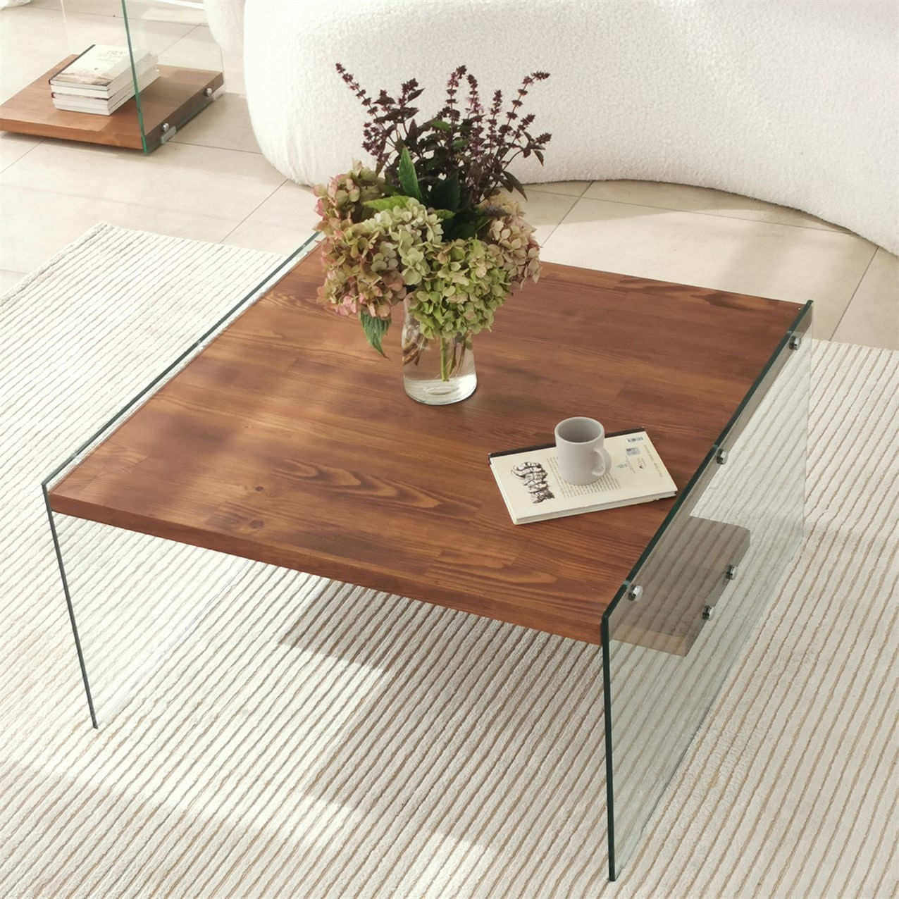 Masuta de cafea, Hanah Home, sticla securizata si lemn masiv, natur, 75x75x40 cm — imaginea 6