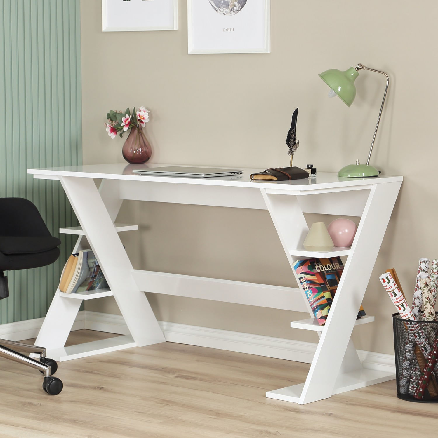 Birou de studiu, Hanah Home, pal, alb, 140x60x73 cm — imaginea 4