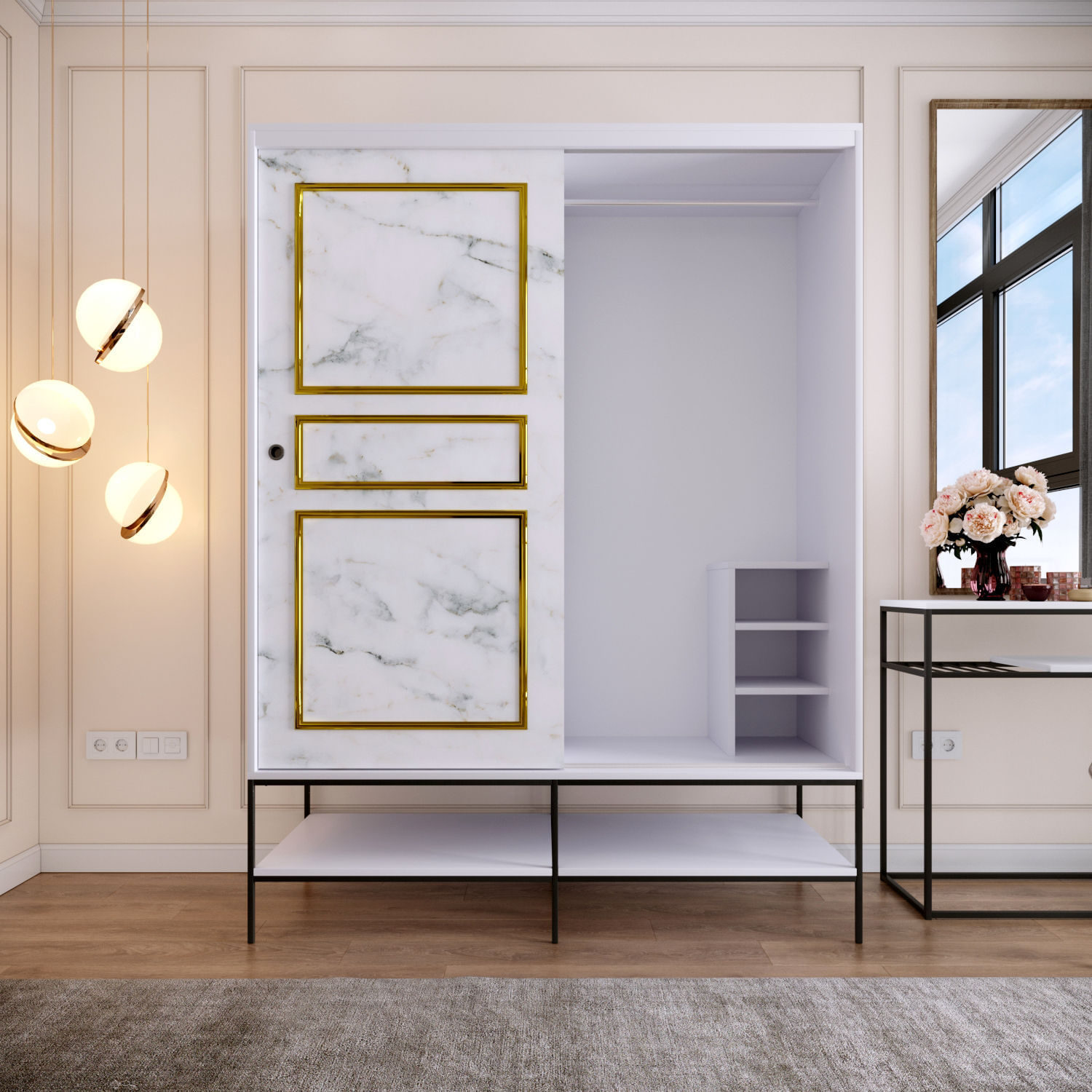 Sifonier, Hanah Home, pal melaminat, alb negru auriu, 150x57x200 cm — imaginea 4