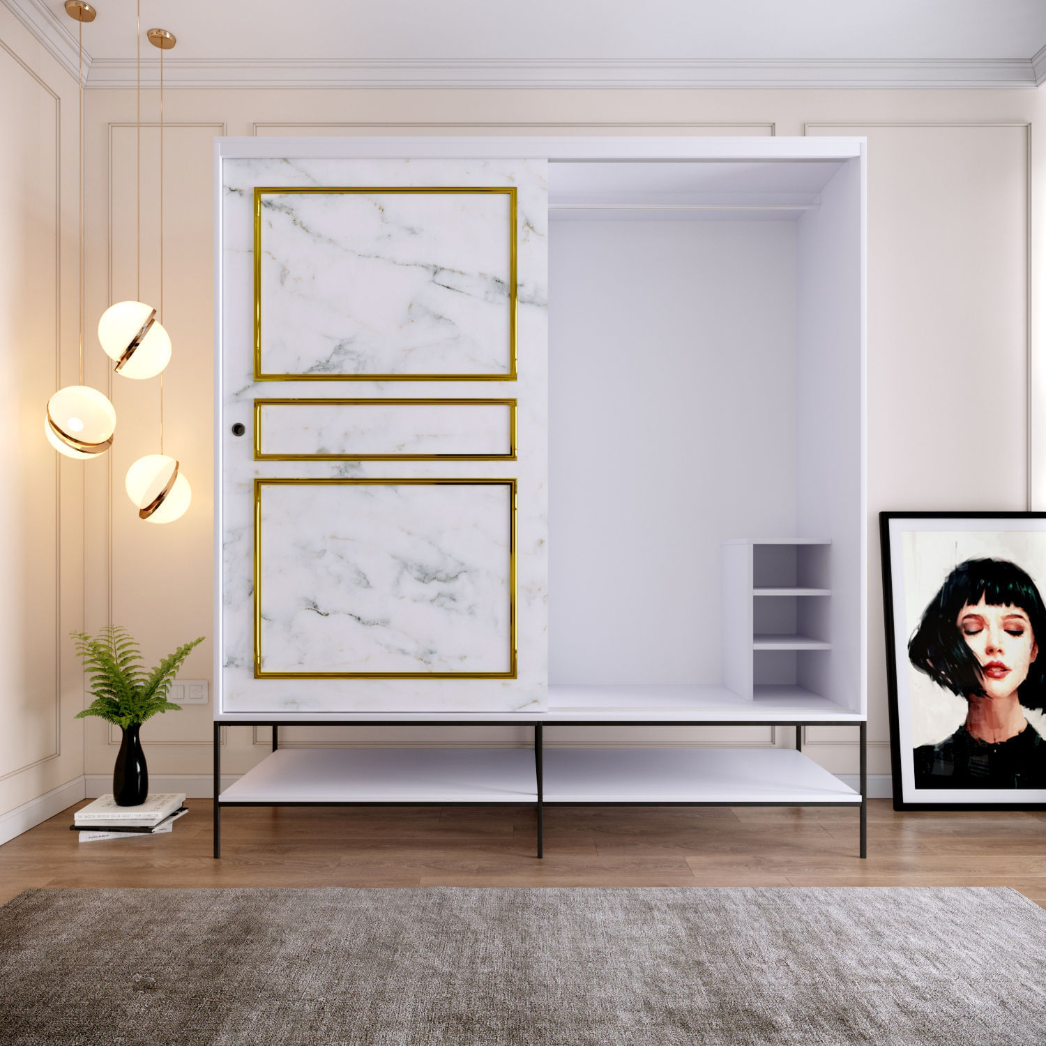 Dulap, Hanah Home, pal melaminat, alb negru auriu, 190x57x200 cm — imaginea 4