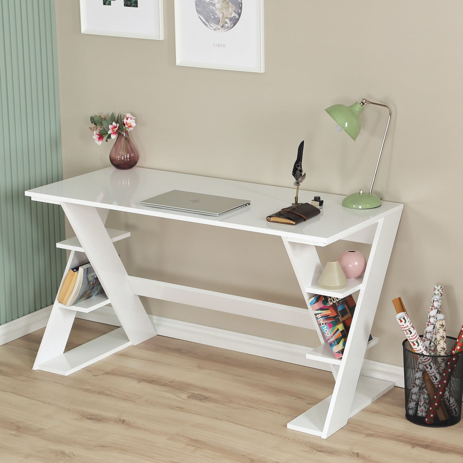Birou de studiu, Hanah Home, pal, alb, 140x60x73 cm — imaginea 7