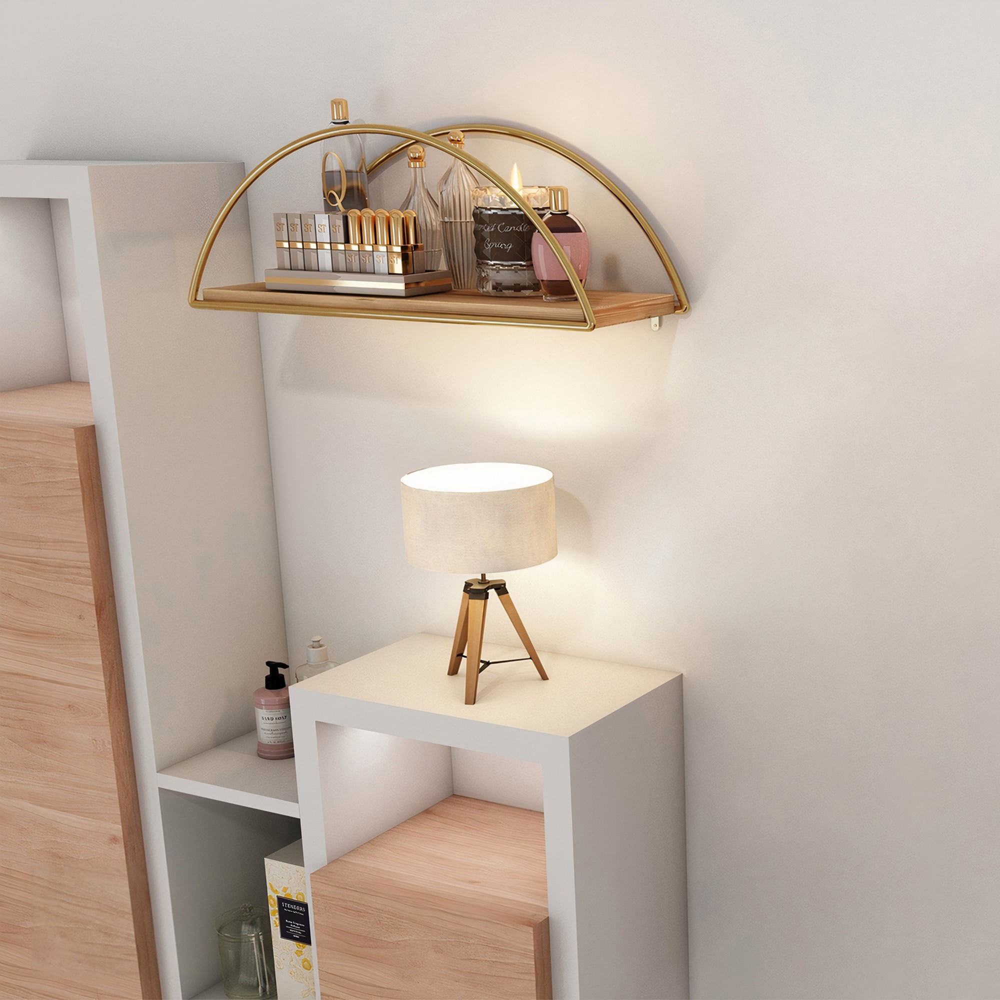 Raft de perete, Hanah Home, lemn masiv, auriu maro, 41x17x16 cm — imaginea 5
