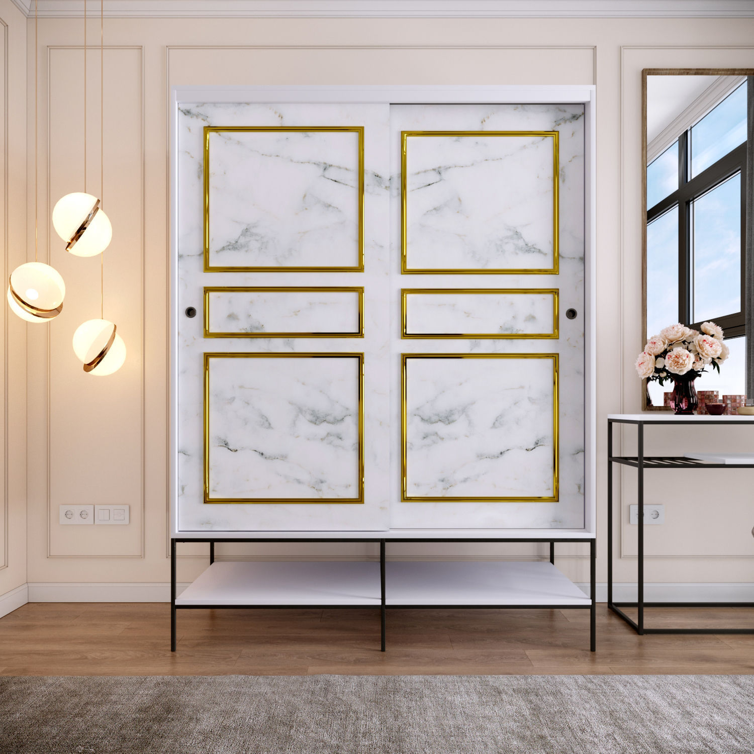 Sifonier, Hanah Home, pal melaminat, alb negru auriu, 150x57x200 cm — imaginea 9