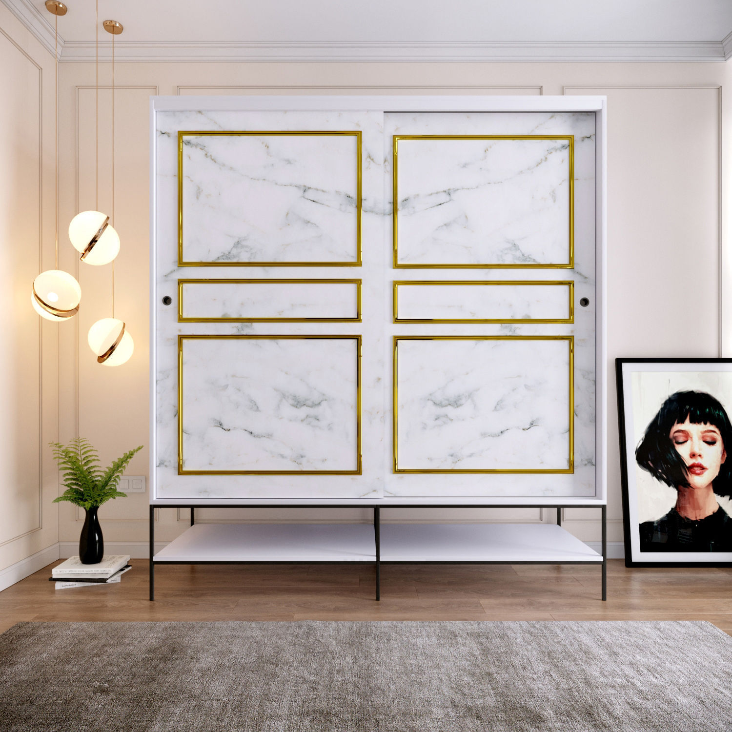 Dulap, Hanah Home, pal melaminat, alb negru auriu, 190x57x200 cm — imaginea 9