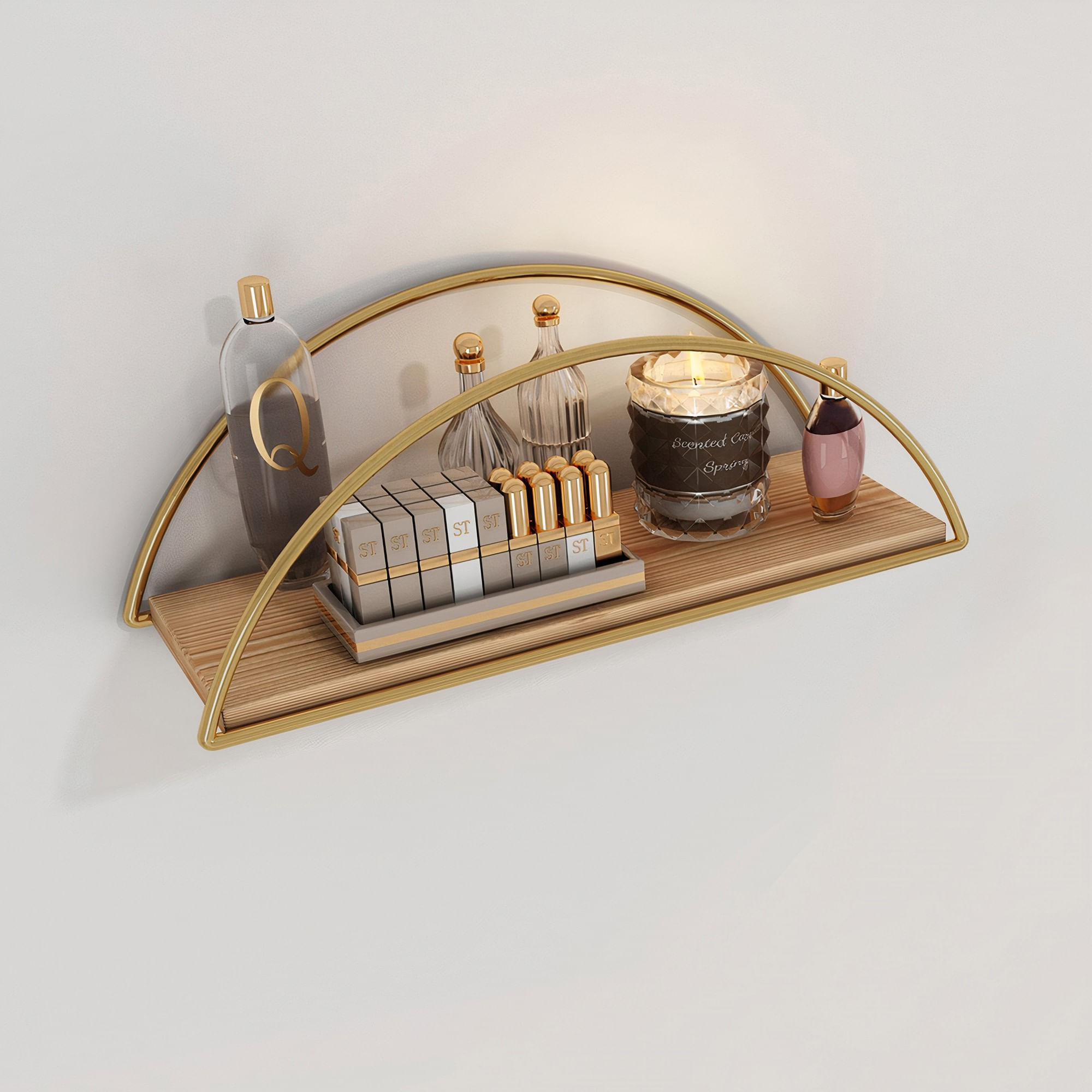 Raft de perete, Hanah Home, lemn masiv, auriu maro, 41x17x16 cm — imaginea 6