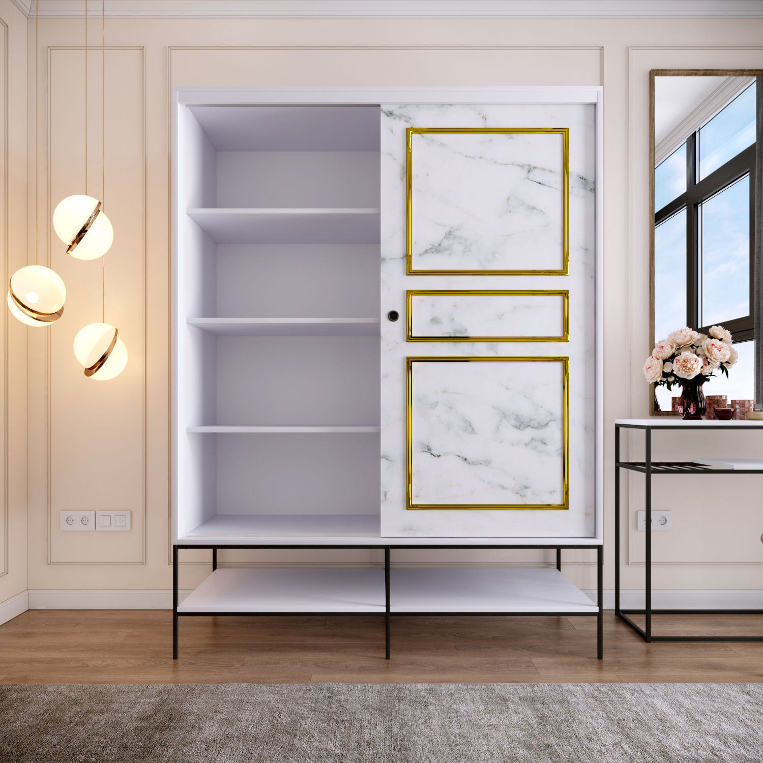 Sifonier, Hanah Home, pal melaminat, alb negru auriu, 150x57x200 cm — imaginea 10