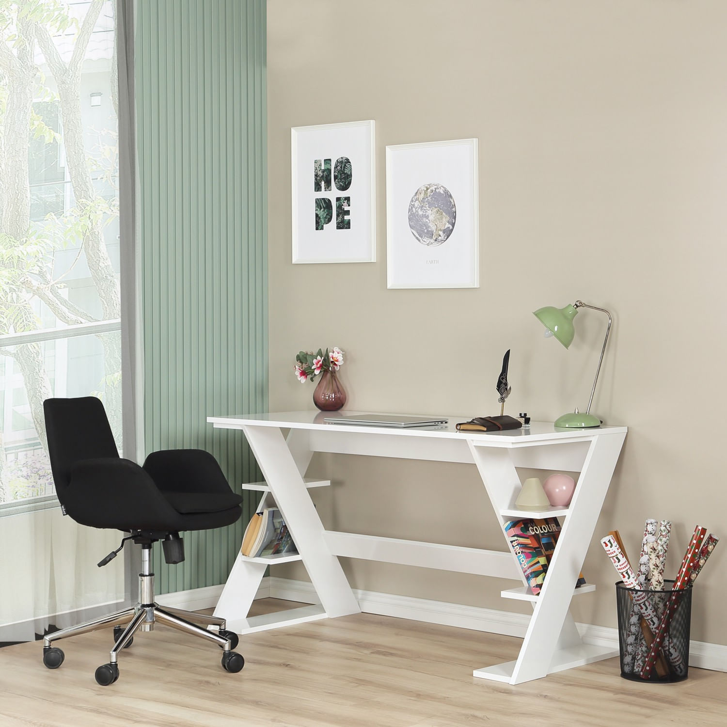 Birou de studiu, Hanah Home, pal, alb, 140x60x73 cm — imaginea 11