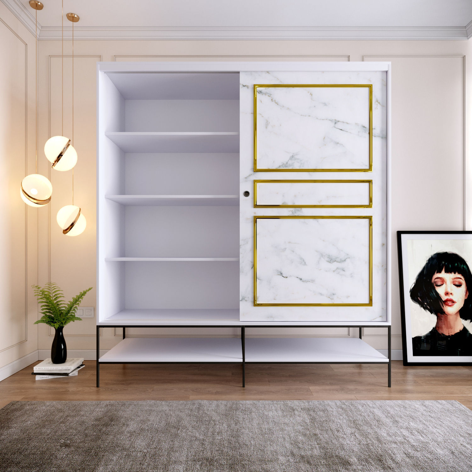 Dulap, Hanah Home, pal melaminat, alb negru auriu, 190x57x200 cm — imaginea 11