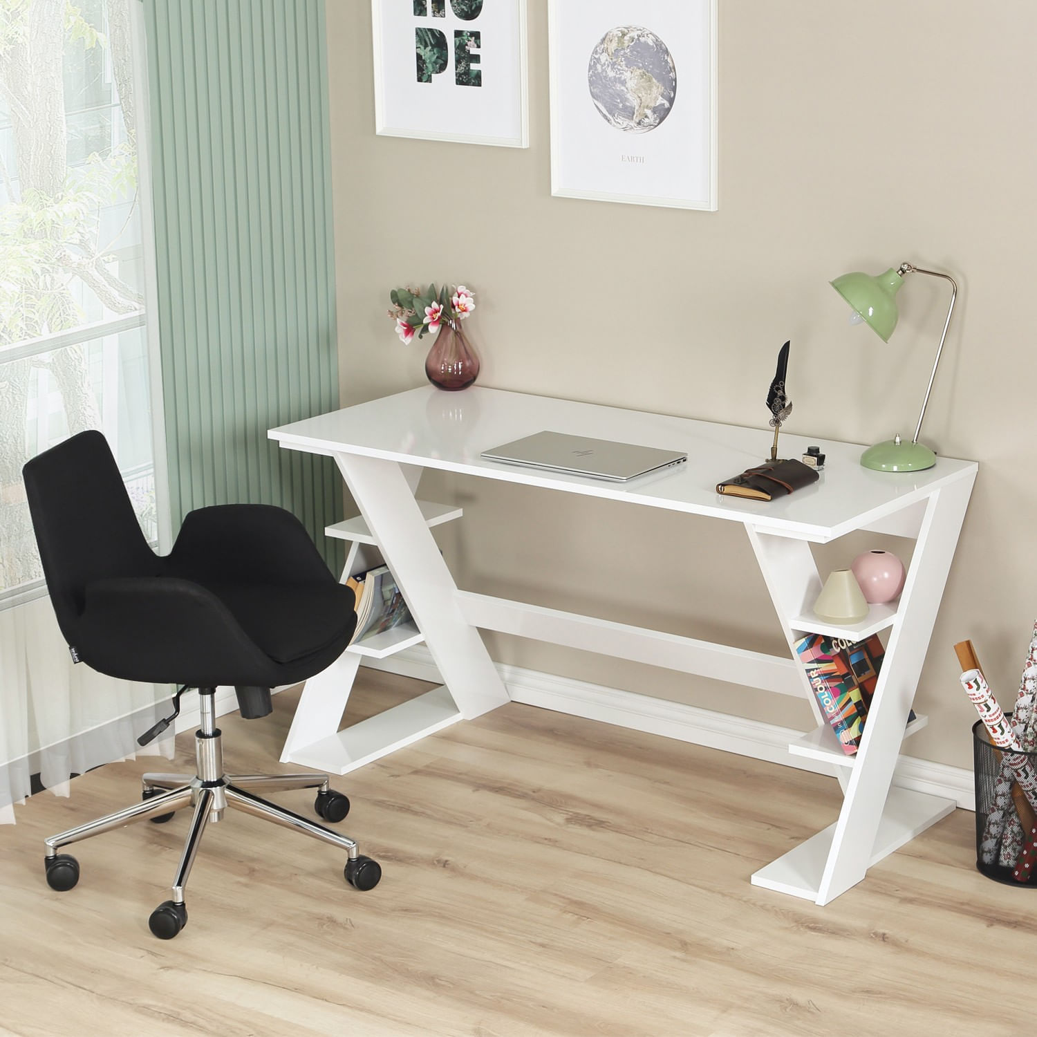 Birou de studiu, Hanah Home, pal, alb, 140x60x73 cm — imaginea 12
