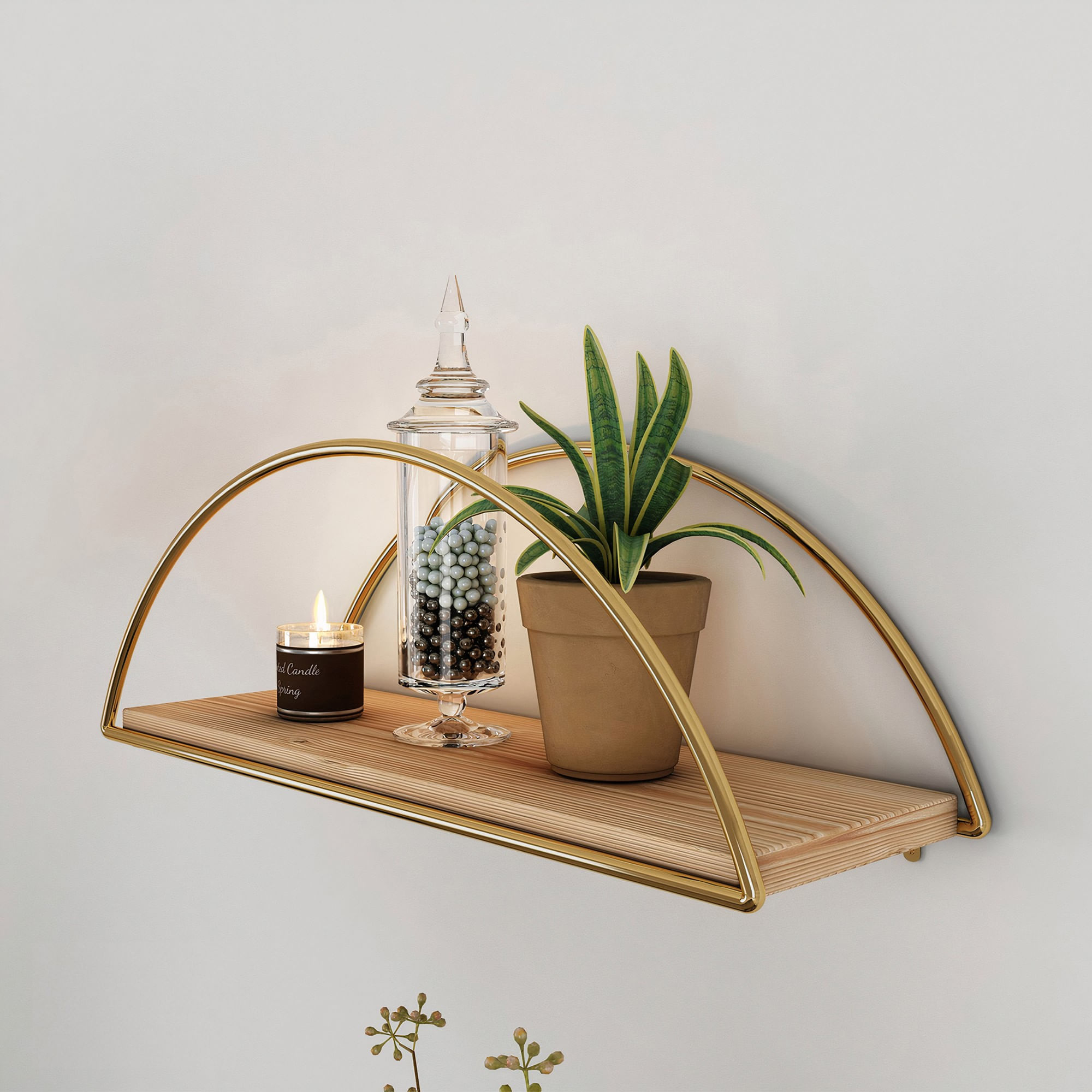Raft de perete, Hanah Home, lemn masiv, auriu maro, 41x17x16 cm — imaginea 9