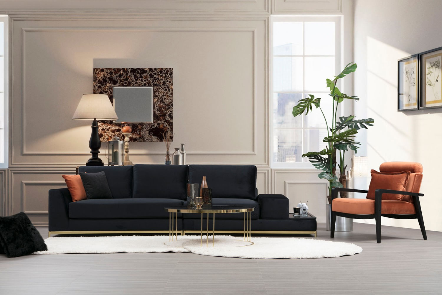 Canapea 4 locuri, Hanah Home, lemn fag si pal, negru auriu, 320x102x84 cm — imaginea 13