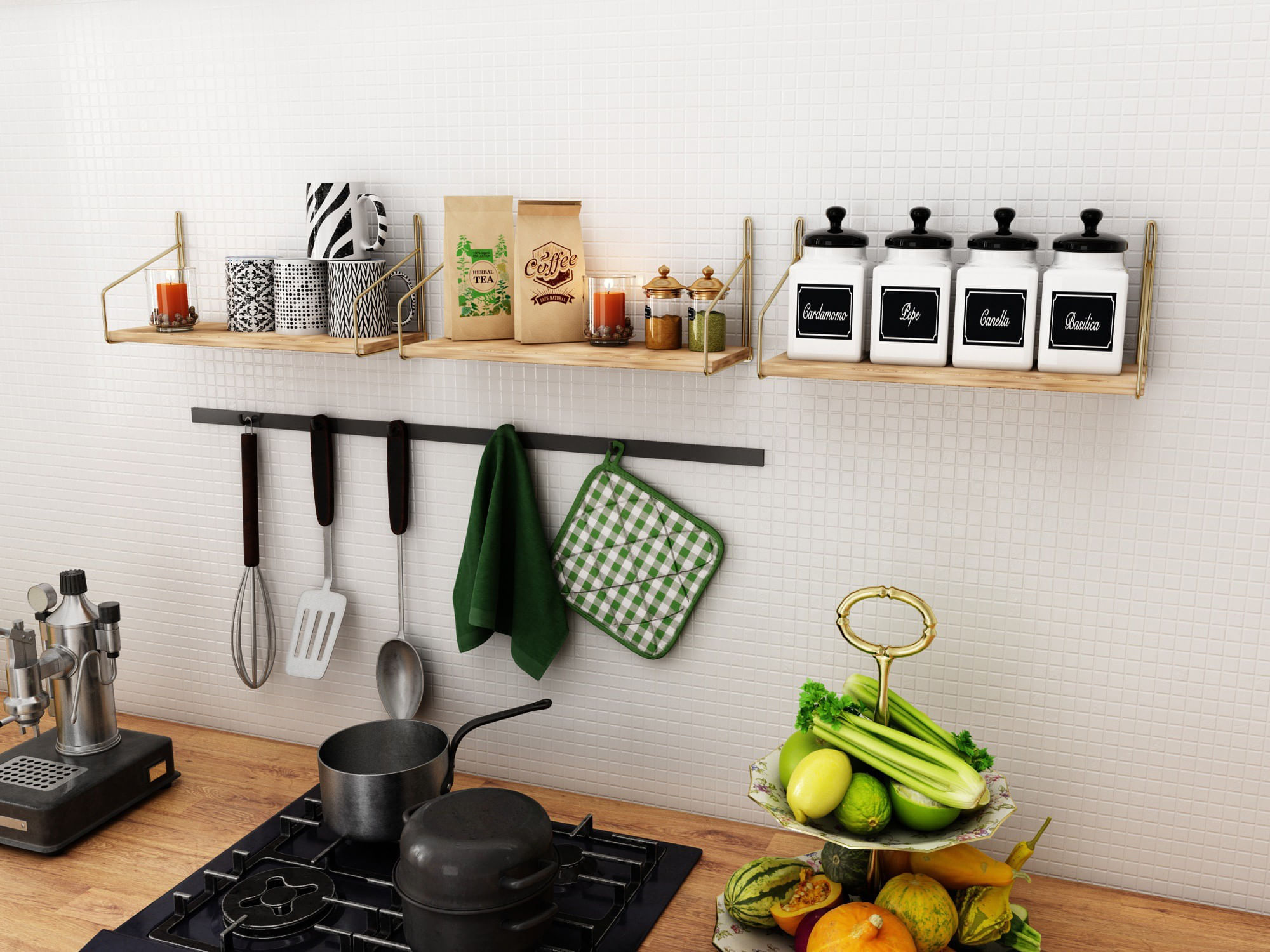 Raft de perete, Hanah Home, lemn masiv, auriu maro, 45x16x16 cm — imaginea 4