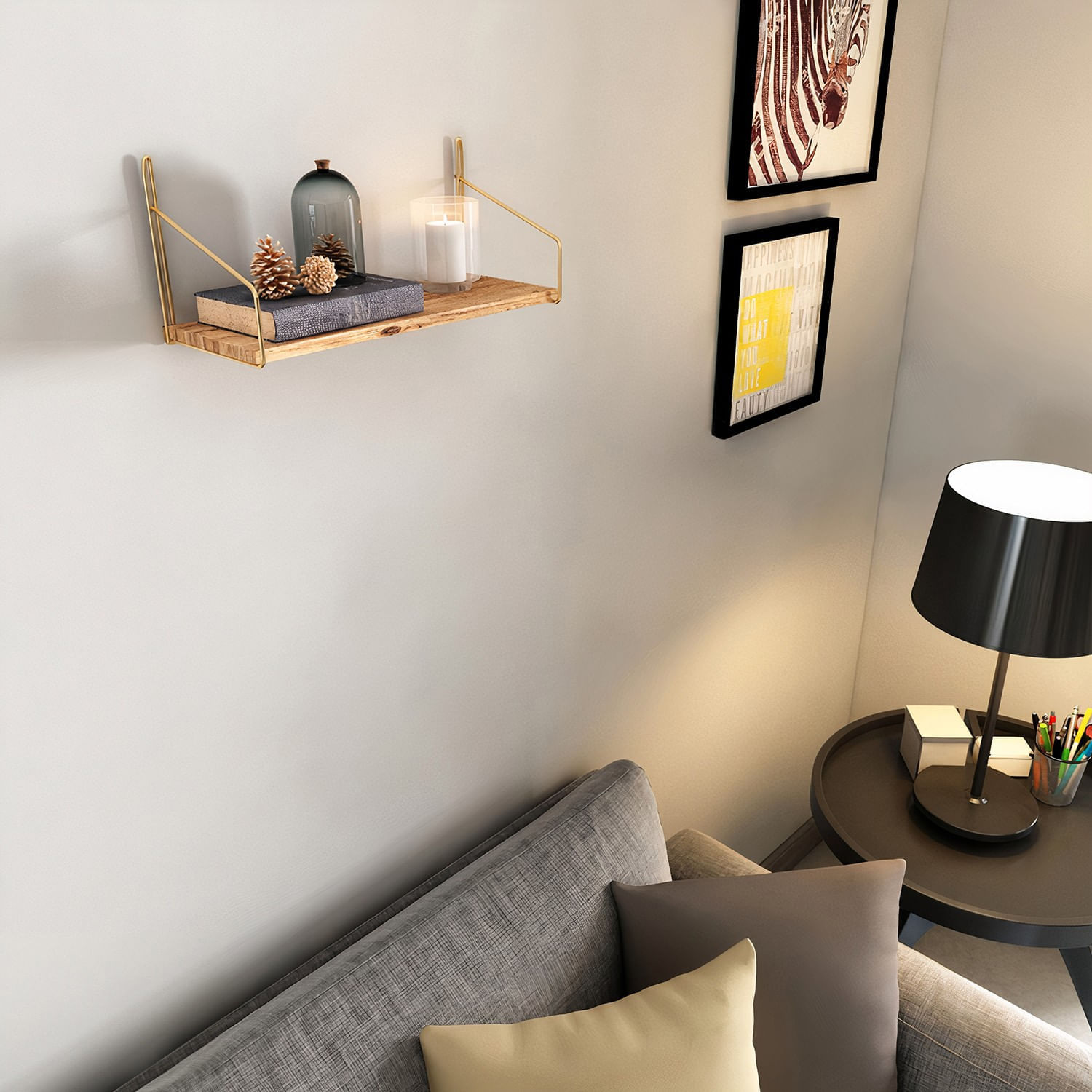 Raft de perete, Hanah Home, lemn masiv, auriu maro, 45x16x16 cm — imaginea 7