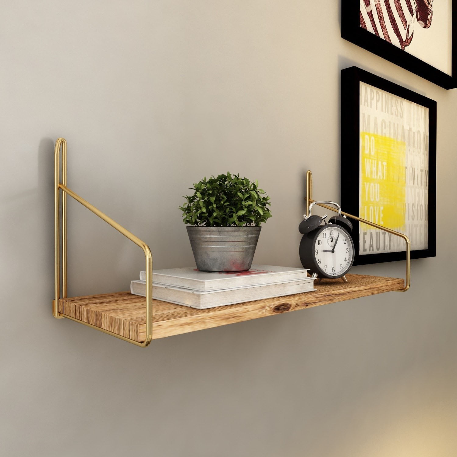Raft de perete, Hanah Home, lemn masiv, auriu maro, 45x16x16 cm — imaginea 8