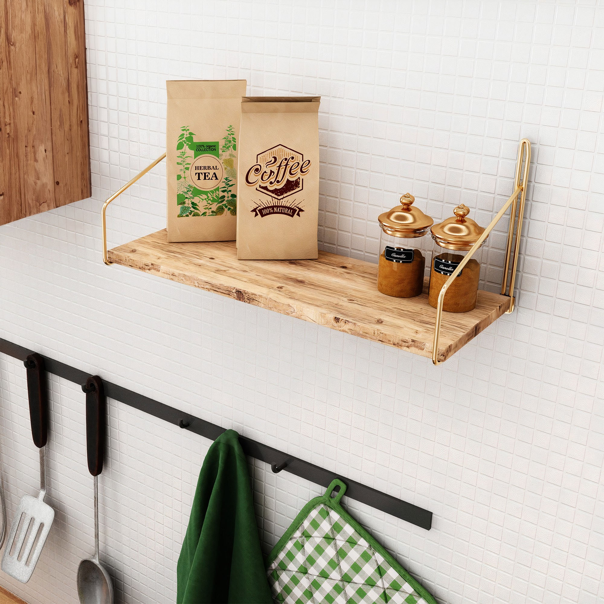 Raft de perete, Hanah Home, lemn masiv, auriu maro, 45x16x16 cm — imaginea 13