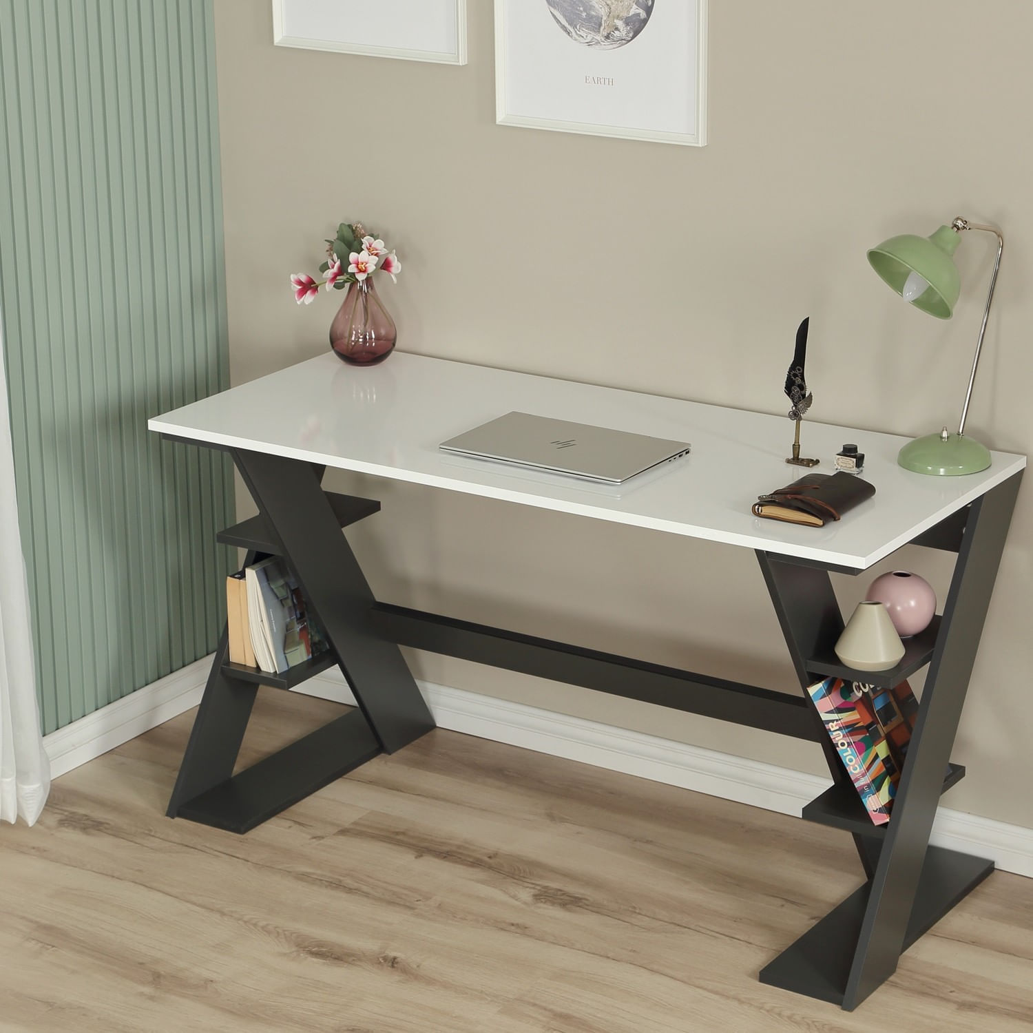 Birou de studiu, Hanah Home, pal, antracit si alb, 140x73x60 cm — imaginea 4