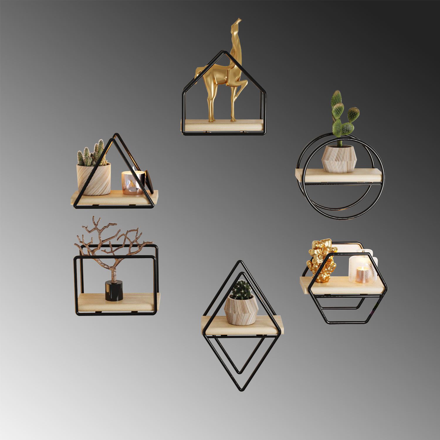 Raft de perete, Hanah Home, lemn masiv, auriu si negru, 15x10x17 cm, set 6 piese — imaginea 2