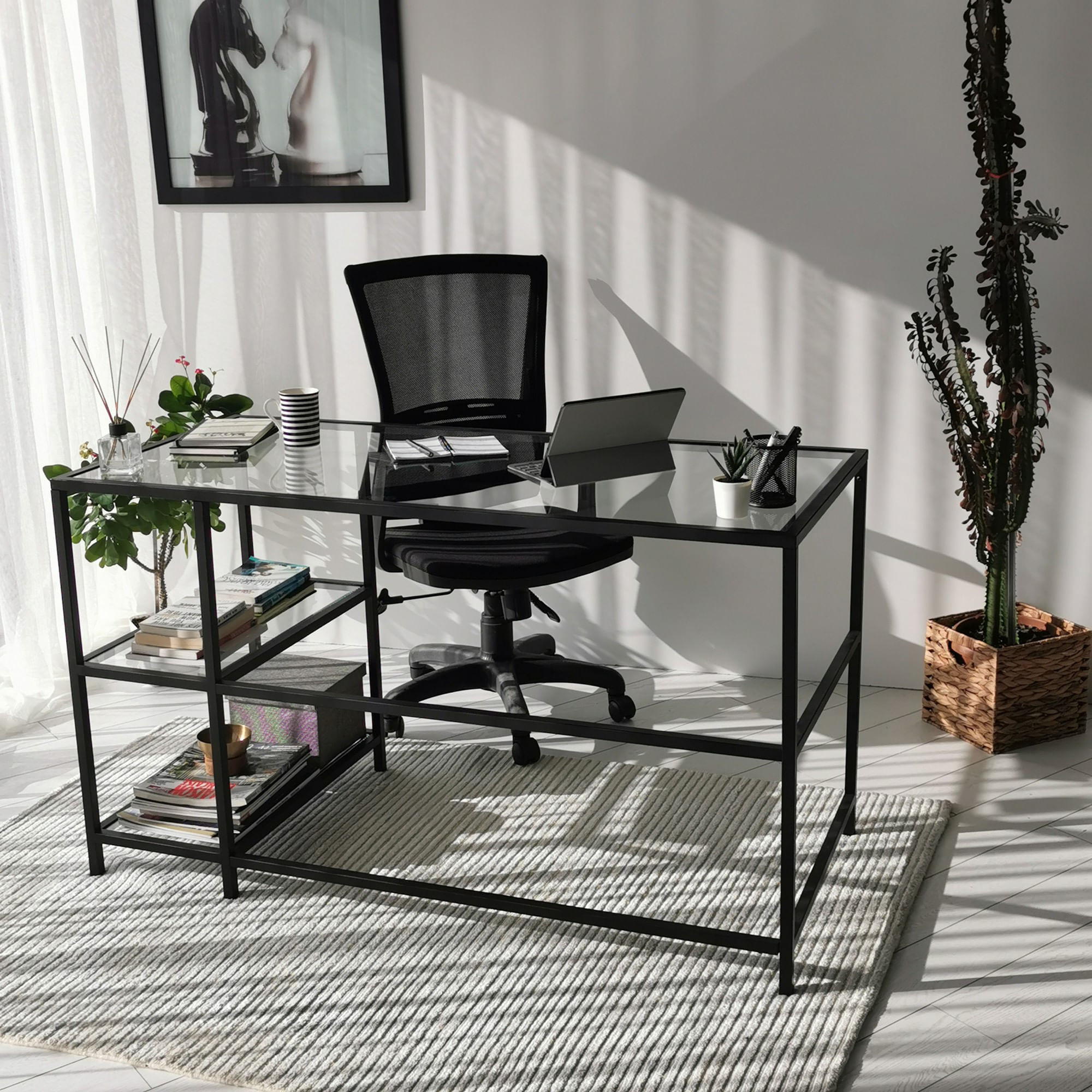 Birou, Hanah Home, sticla calita, negru, 130x60x75 cm — imaginea 2
