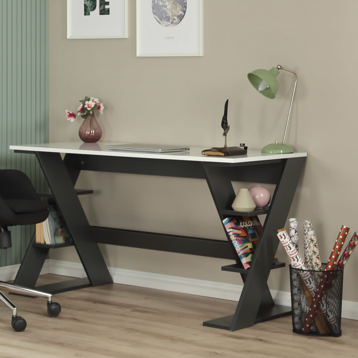 Birou de studiu, Hanah Home, pal, antracit si alb, 140x73x60 cm — imaginea 5