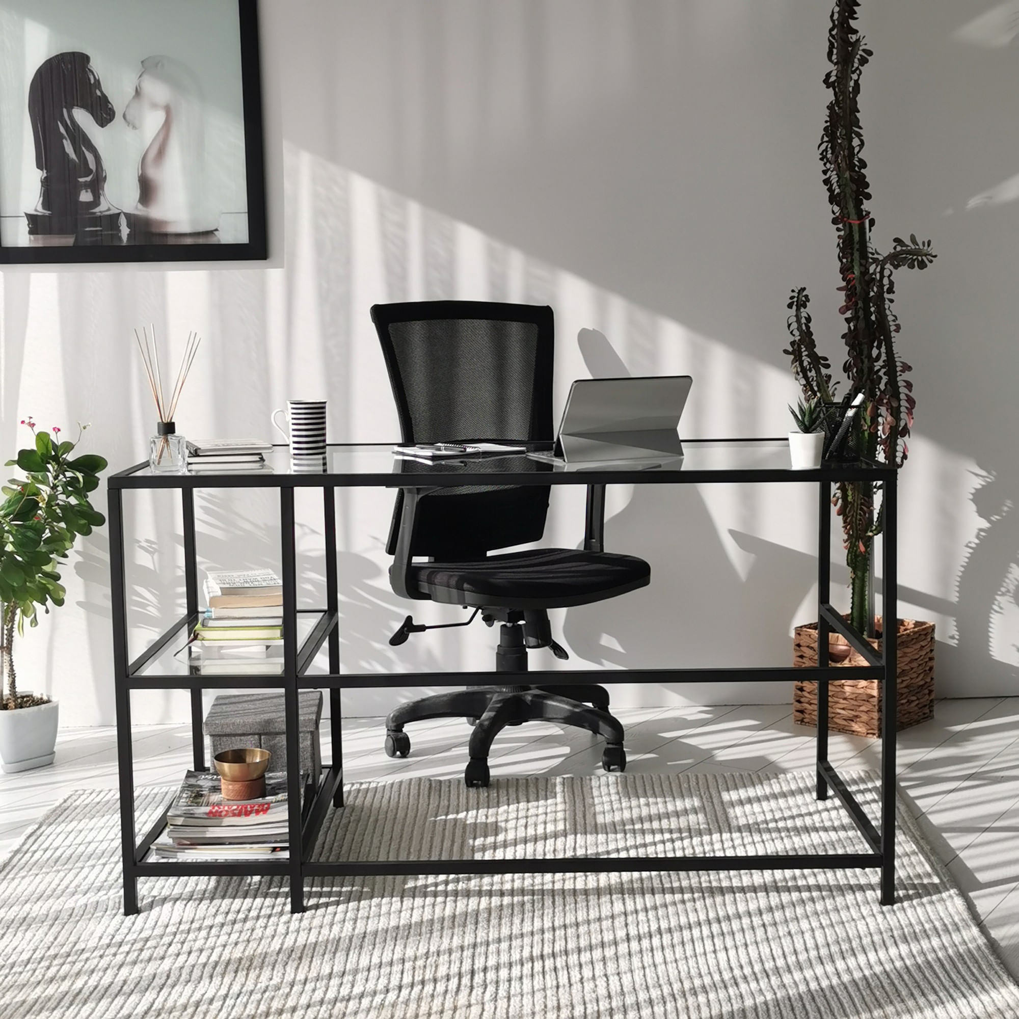 Birou, Hanah Home, sticla calita, negru, 130x60x75 cm — imaginea 3