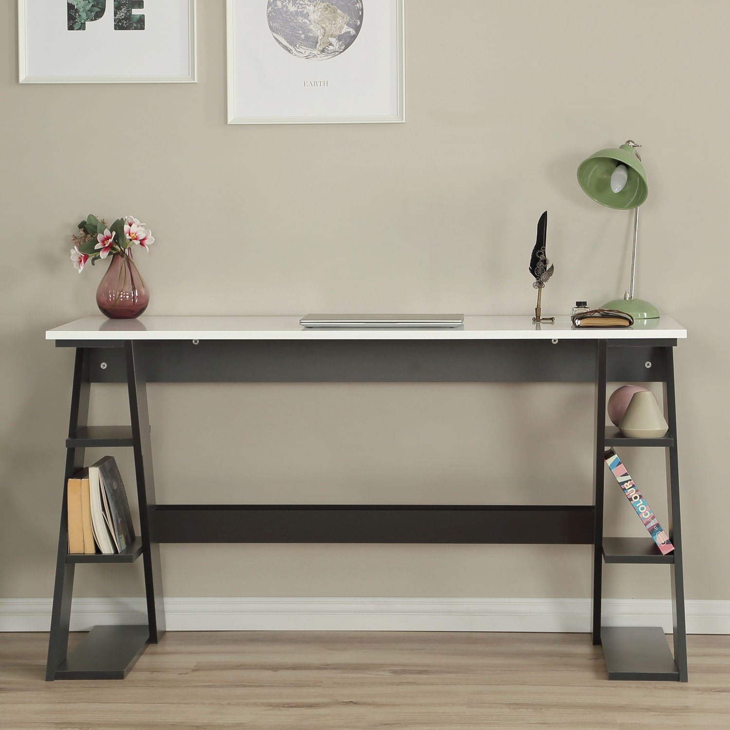 Birou de studiu, Hanah Home, pal, antracit si alb, 140x73x60 cm — imaginea 6