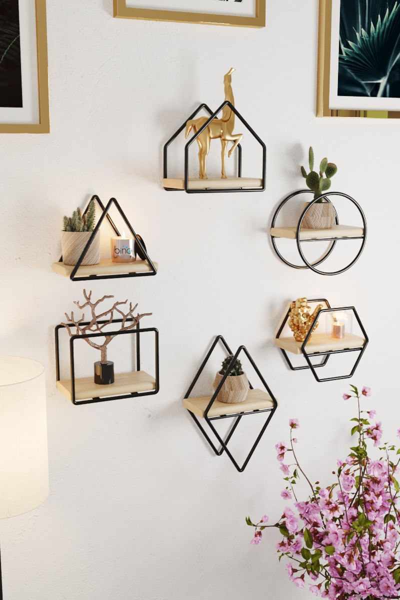 Raft de perete, Hanah Home, lemn masiv, auriu si negru, 15x10x17 cm, set 6 piese — imaginea 5