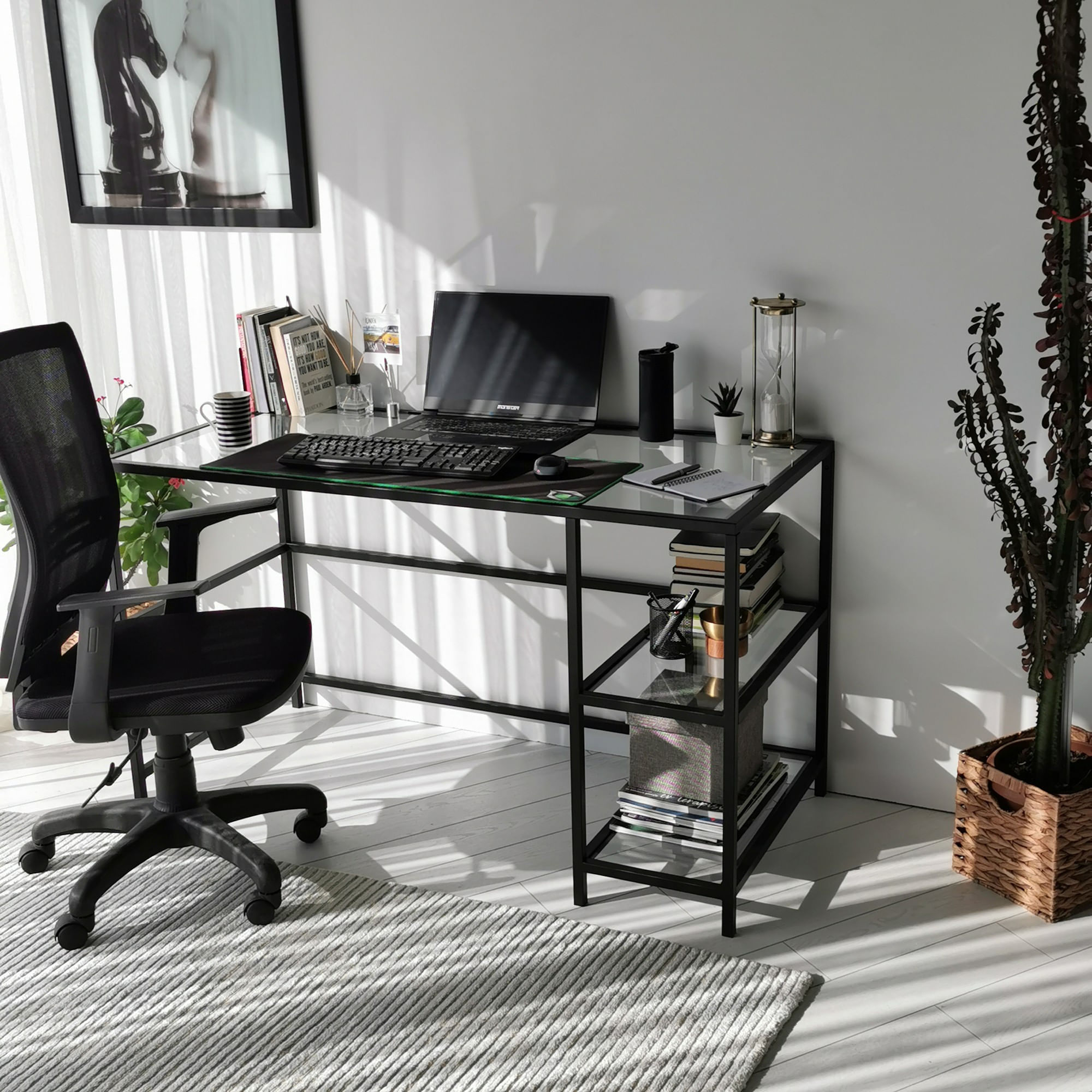 Birou, Hanah Home, sticla calita, negru, 130x60x75 cm — imaginea 4