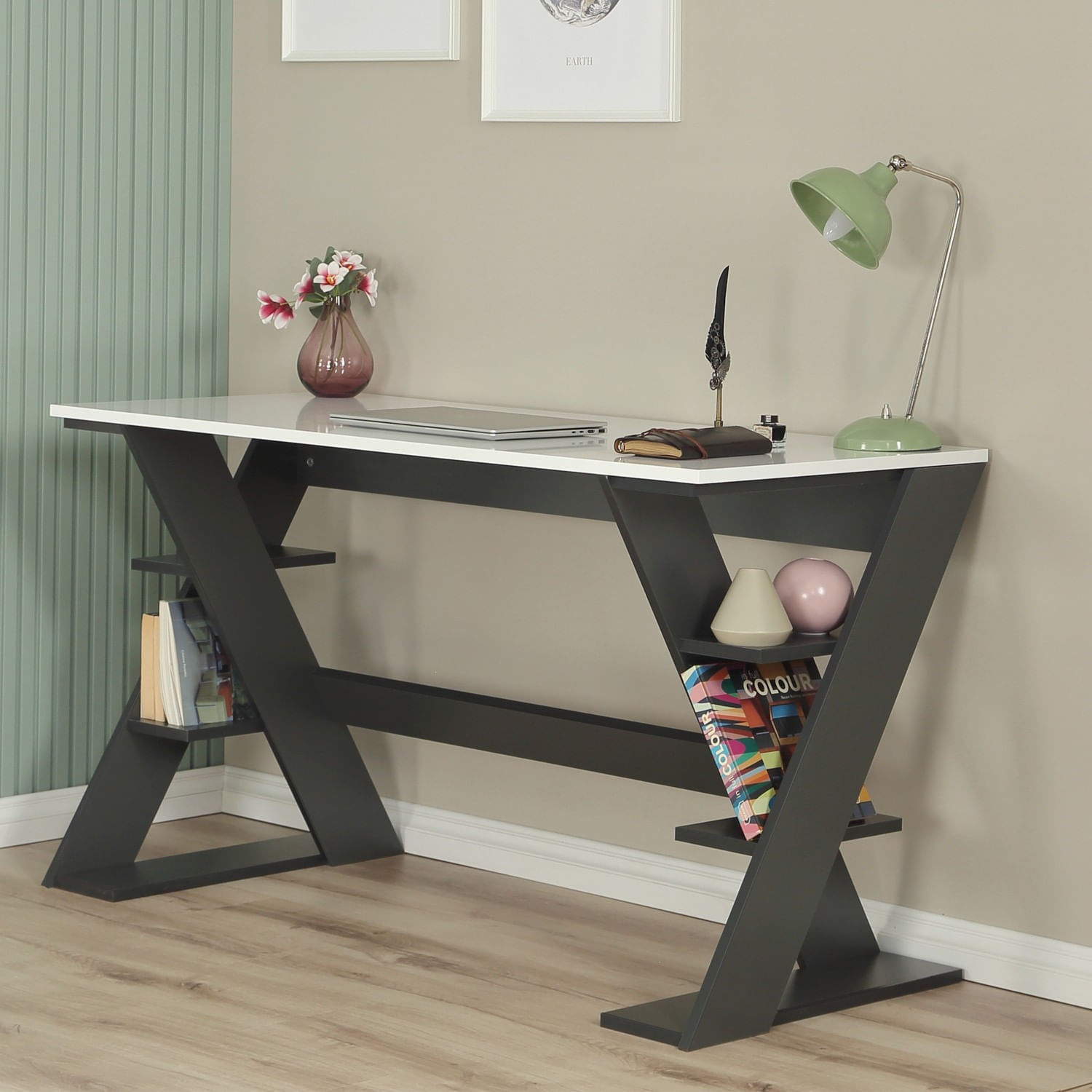 Birou de studiu, Hanah Home, pal, antracit si alb, 140x73x60 cm — imaginea 7