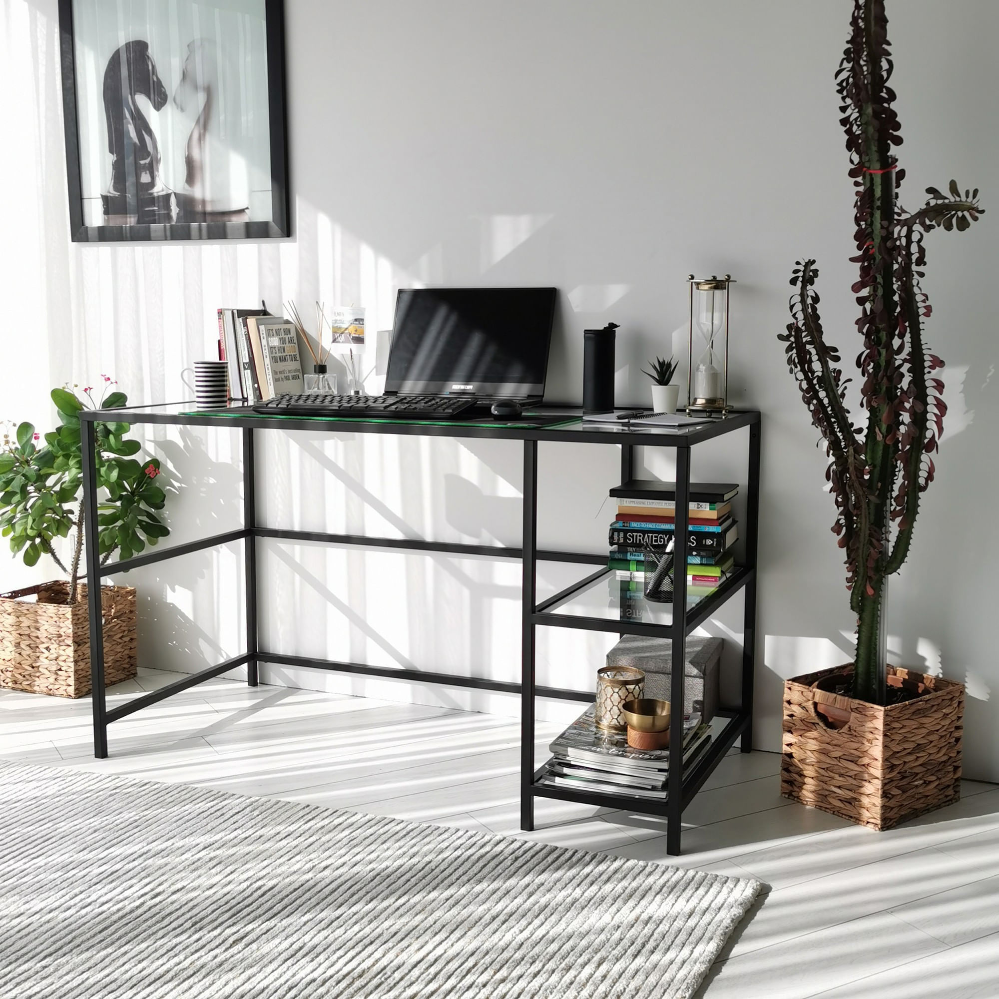 Birou, Hanah Home, sticla calita, negru, 130x60x75 cm — imaginea 5
