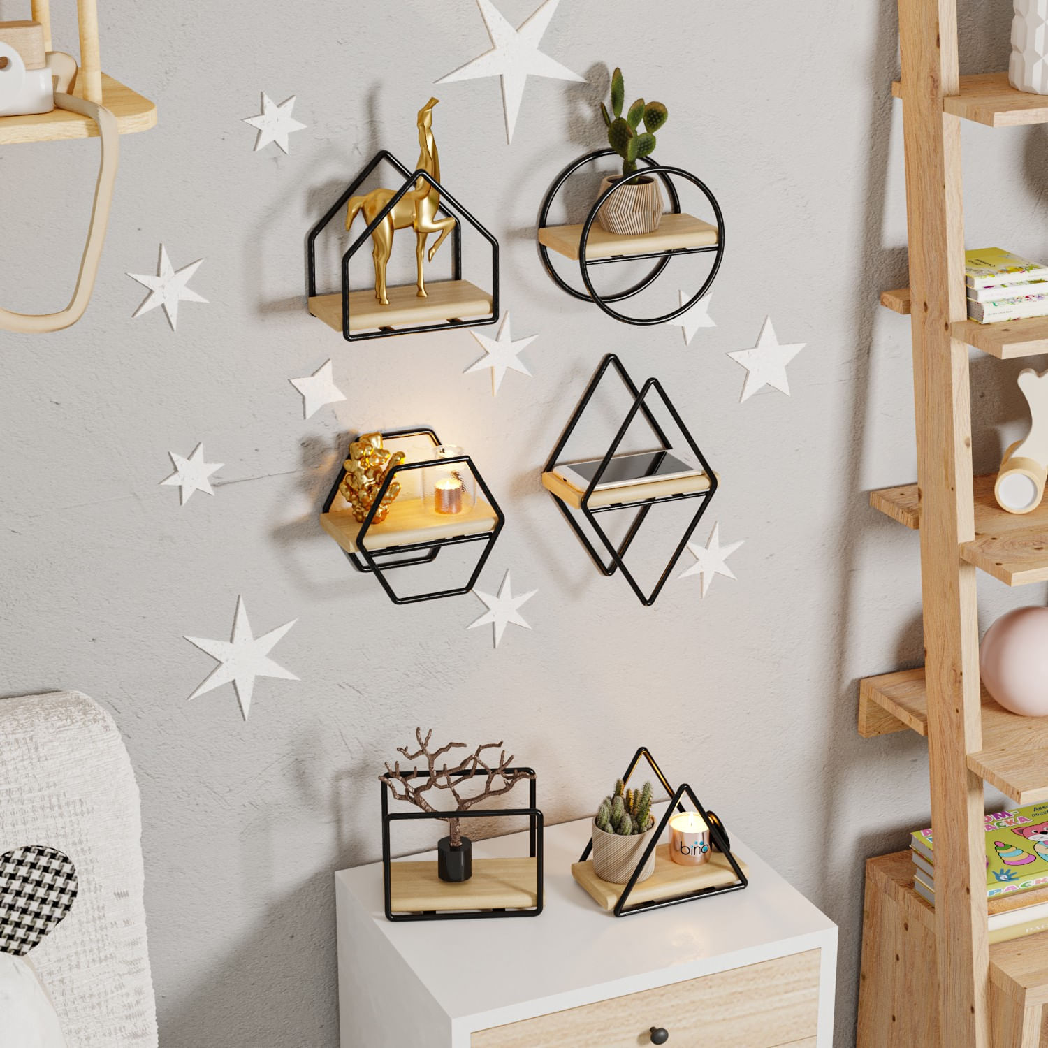 Raft de perete, Hanah Home, lemn masiv, auriu si negru, 15x10x17 cm, set 6 piese — imaginea 6