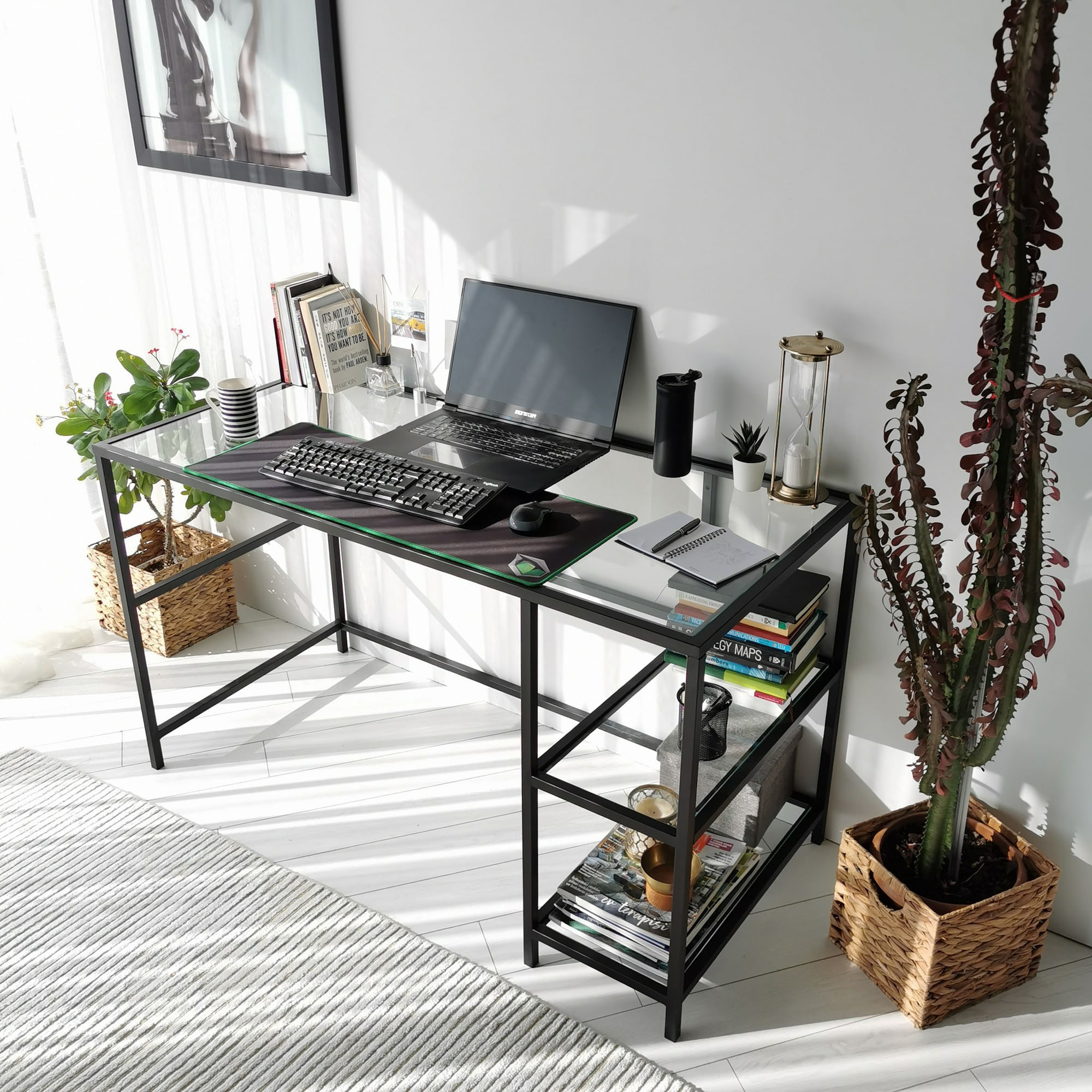 Birou, Hanah Home, sticla calita, negru, 130x60x75 cm — imaginea 6