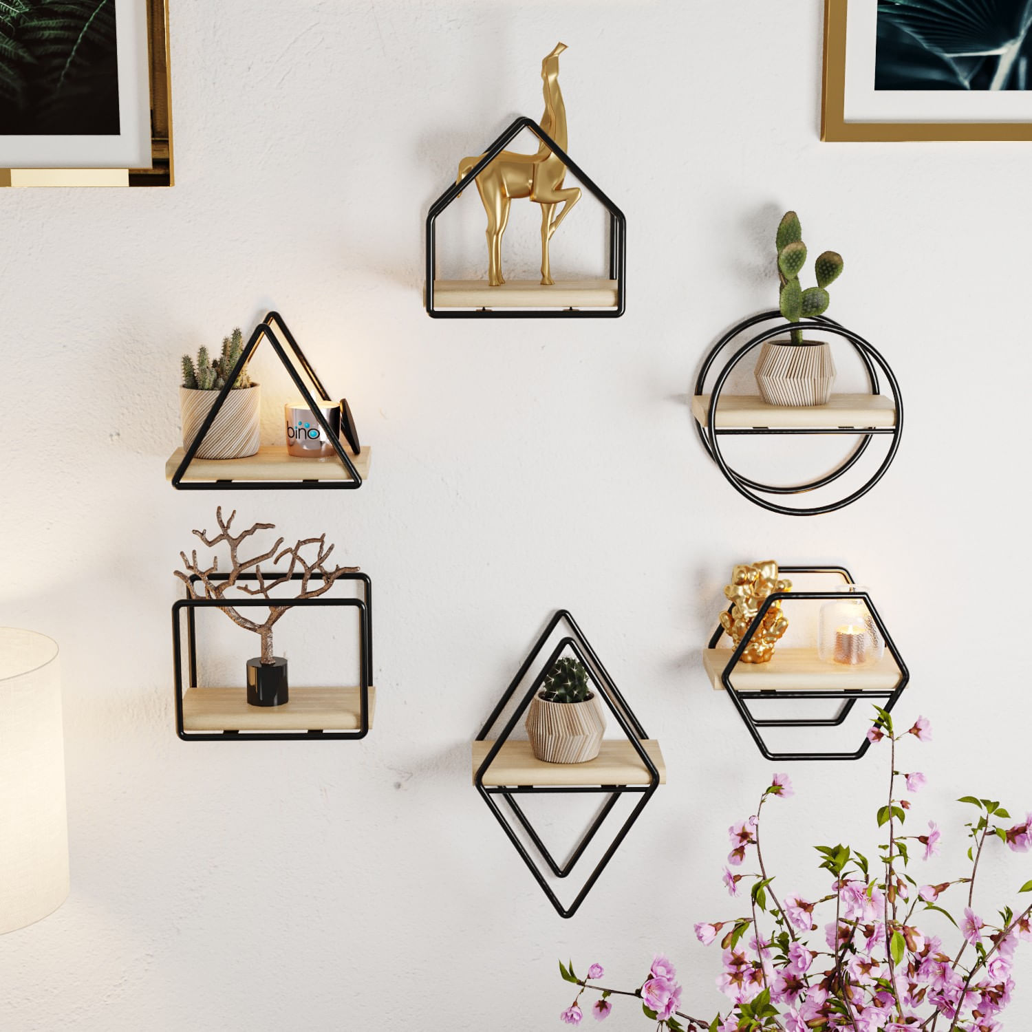 Raft de perete, Hanah Home, lemn masiv, auriu si negru, 15x10x17 cm, set 6 piese — imaginea 7