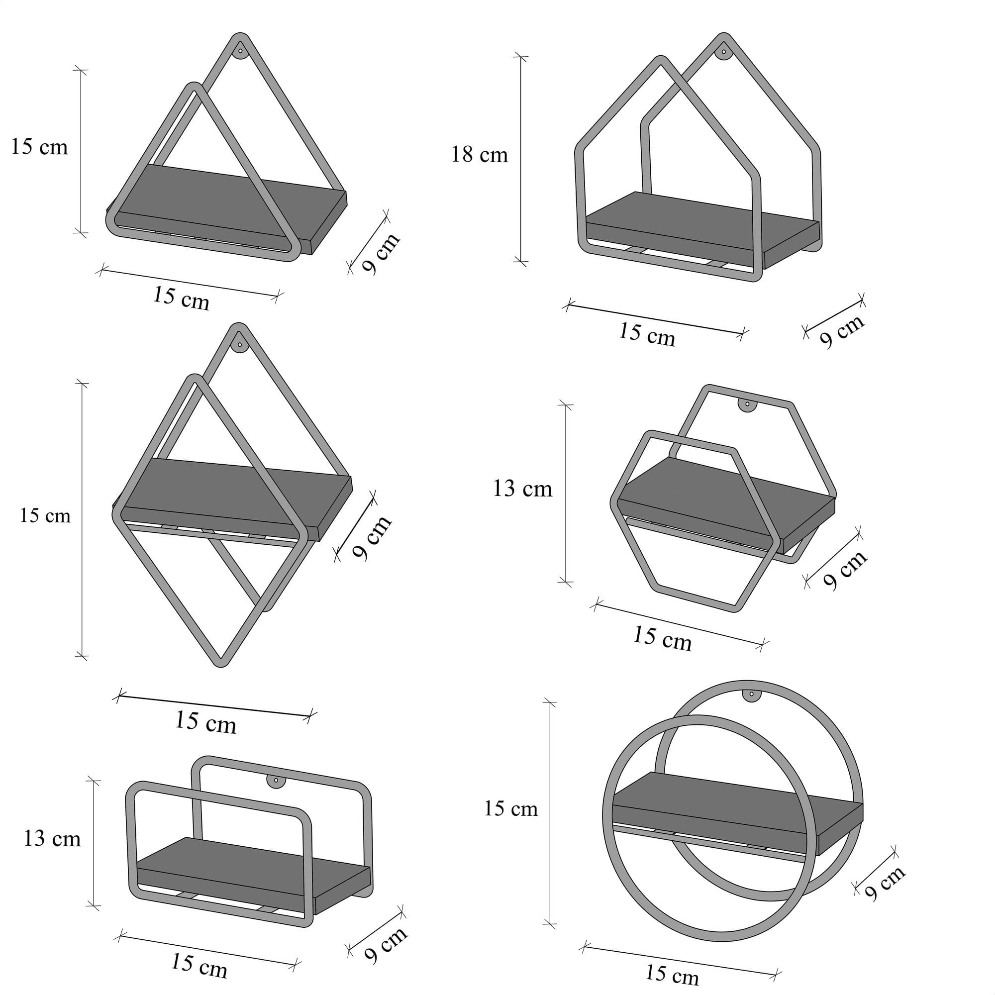 Raft de perete, Hanah Home, lemn masiv, auriu si negru, 15x10x17 cm, set 6 piese — imaginea 8