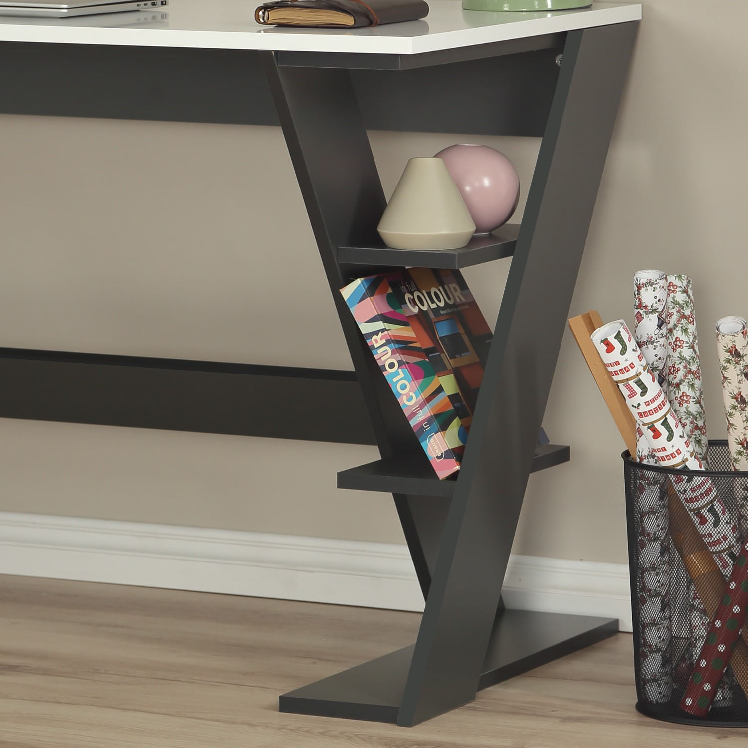 Birou de studiu, Hanah Home, pal, antracit si alb, 140x73x60 cm — imaginea 10