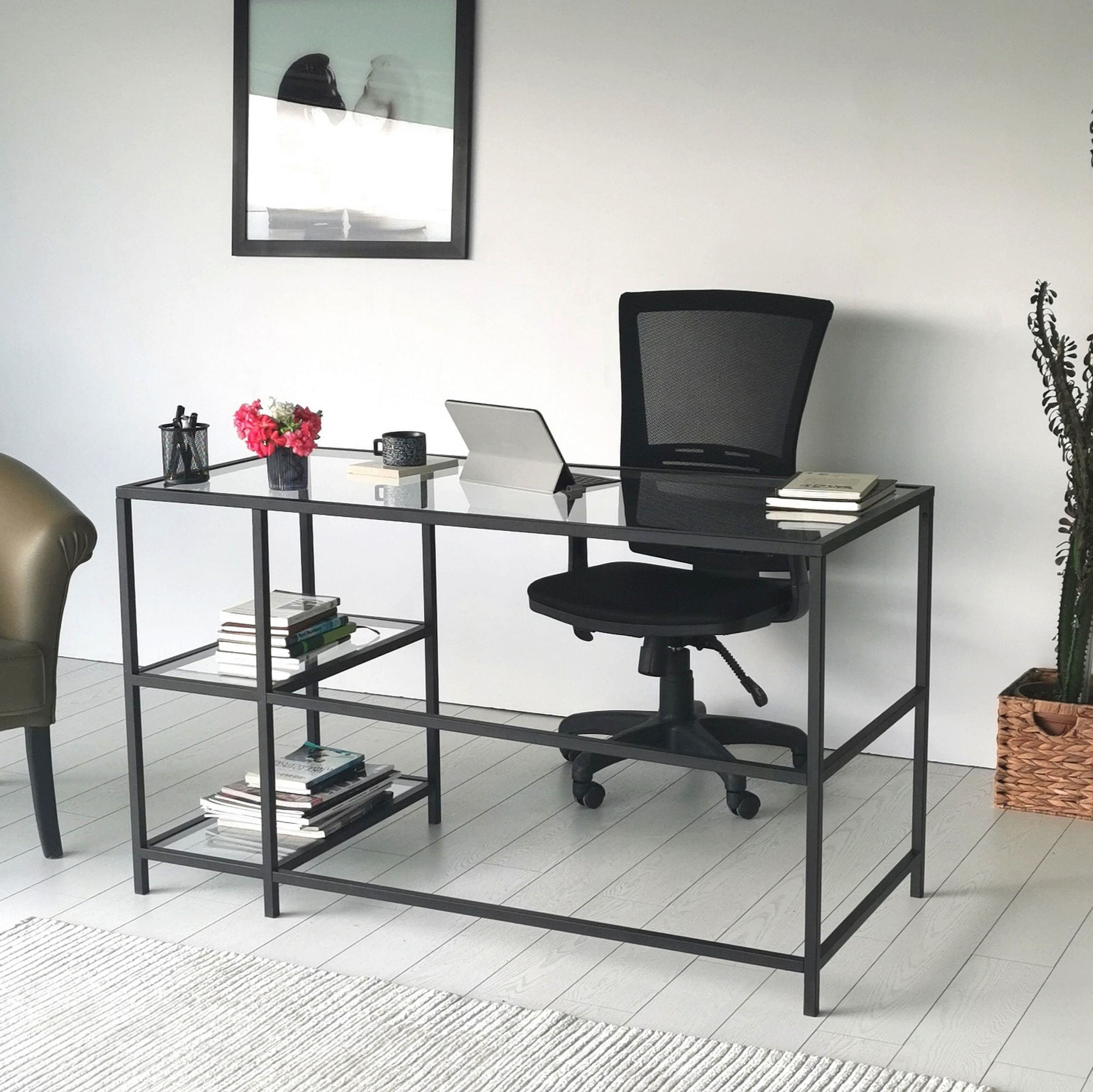 Birou, Hanah Home, sticla calita, negru, 130x60x75 cm — imaginea 8